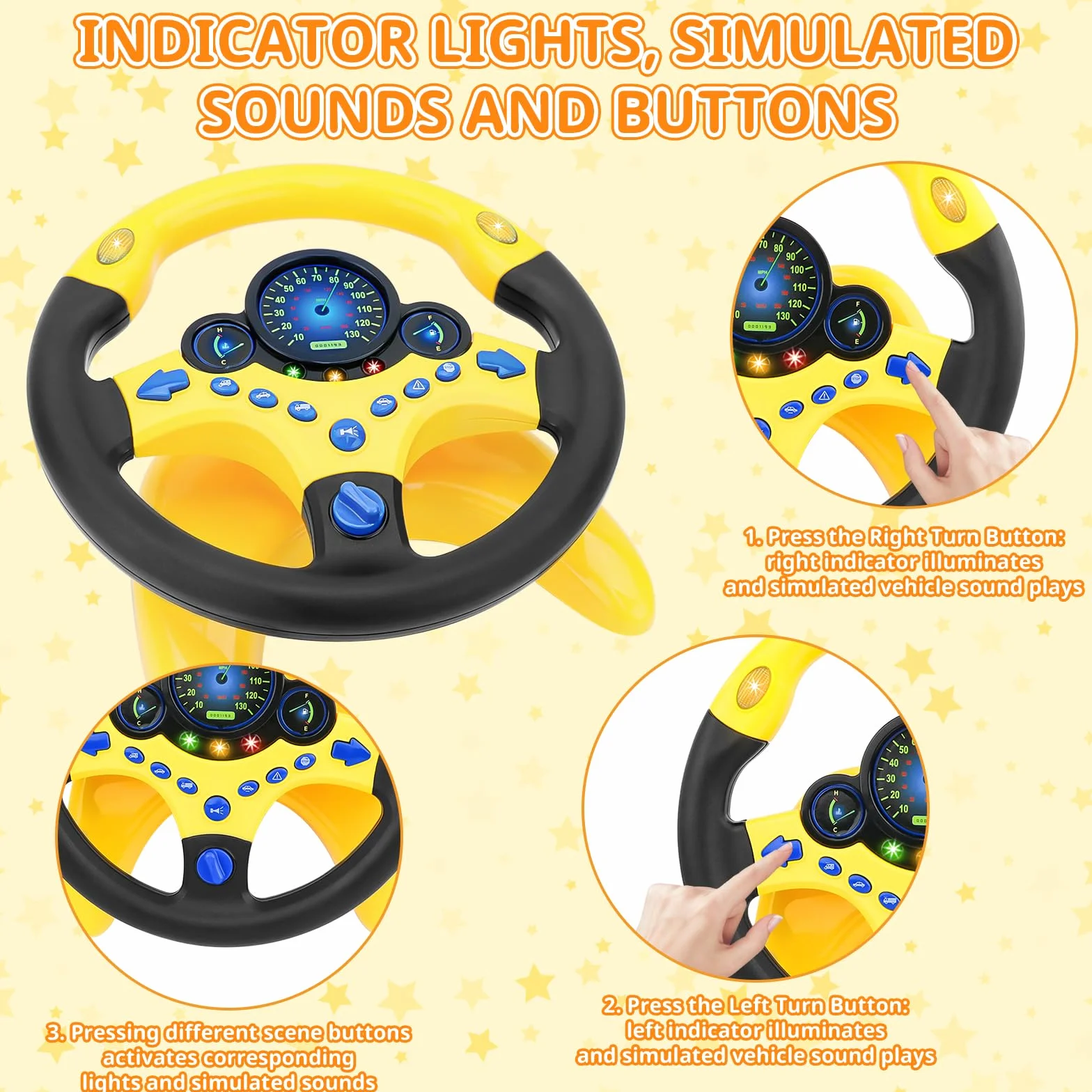 deAO Volante per Auto per Bambini Giocattolo d'Imitazione per Guida Simulata con Effetti Luminosi e Sonori Musicali per Ragazzi e Ragazze –Giallo