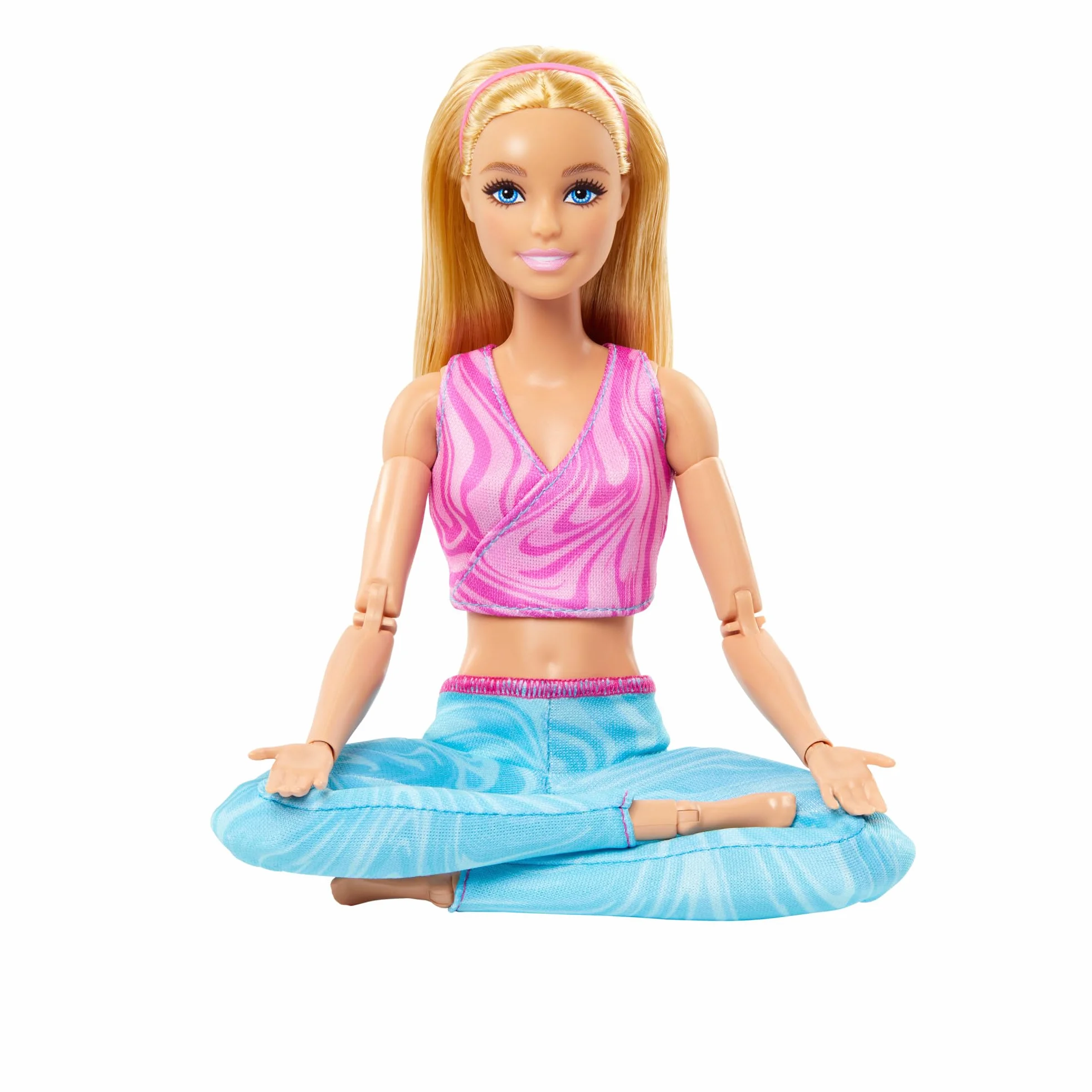 Barbie - Bambola Made to Move, snodata e con articolazioni mobili, capelli biondi con top sportivo rosa e pantaloni blu da yoga, giocattolo per bambini, 3+ anni, HRH27