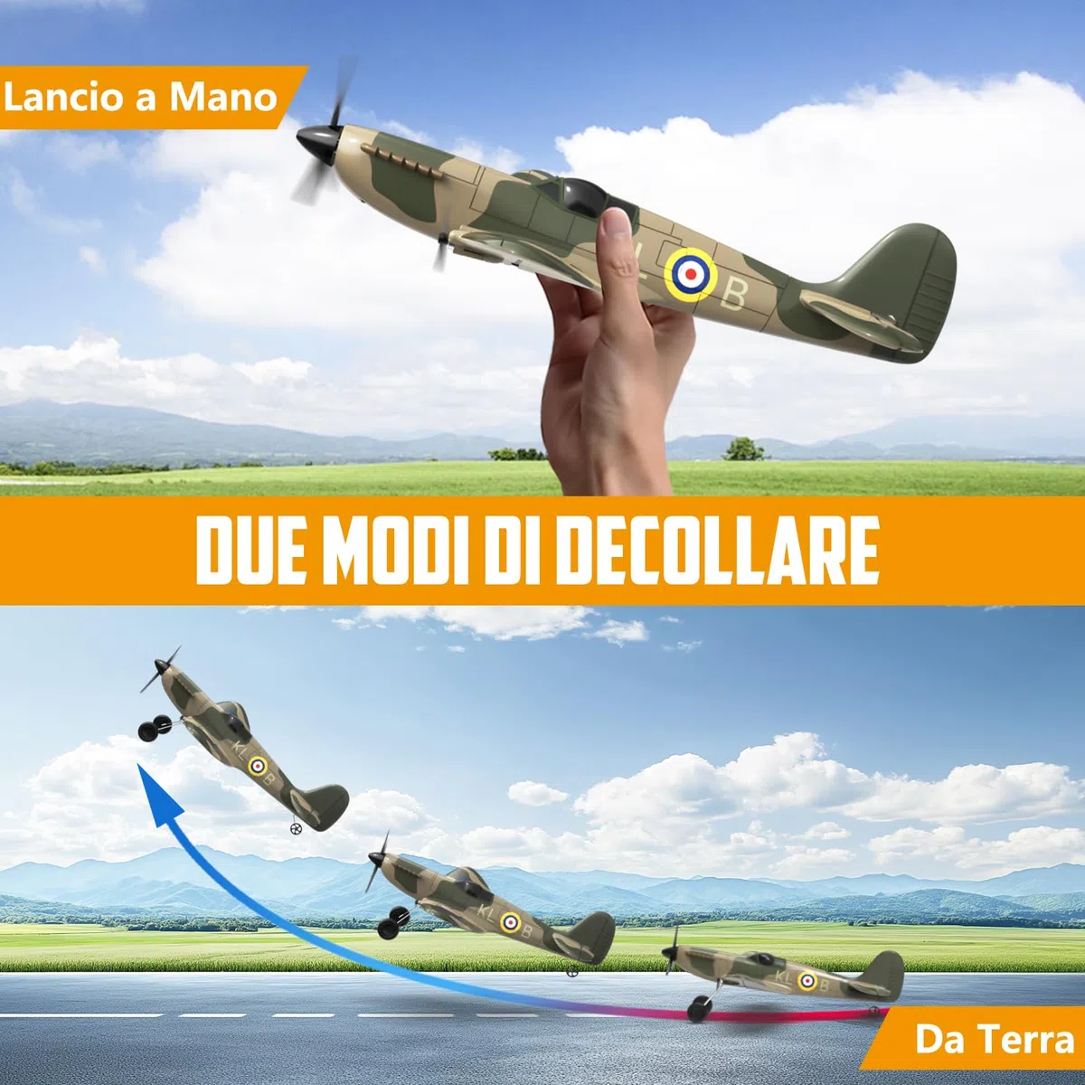 HAWK'S WORK Aereo RC a 3 Canali Spitfire Fighter, Elicottero da Guerra Telecomandato Pronto a Volare, Stabilizzatore Giroscopico a 6 Assi a 2.4GHz, Facile da Pilotare per Bambini e Principianti