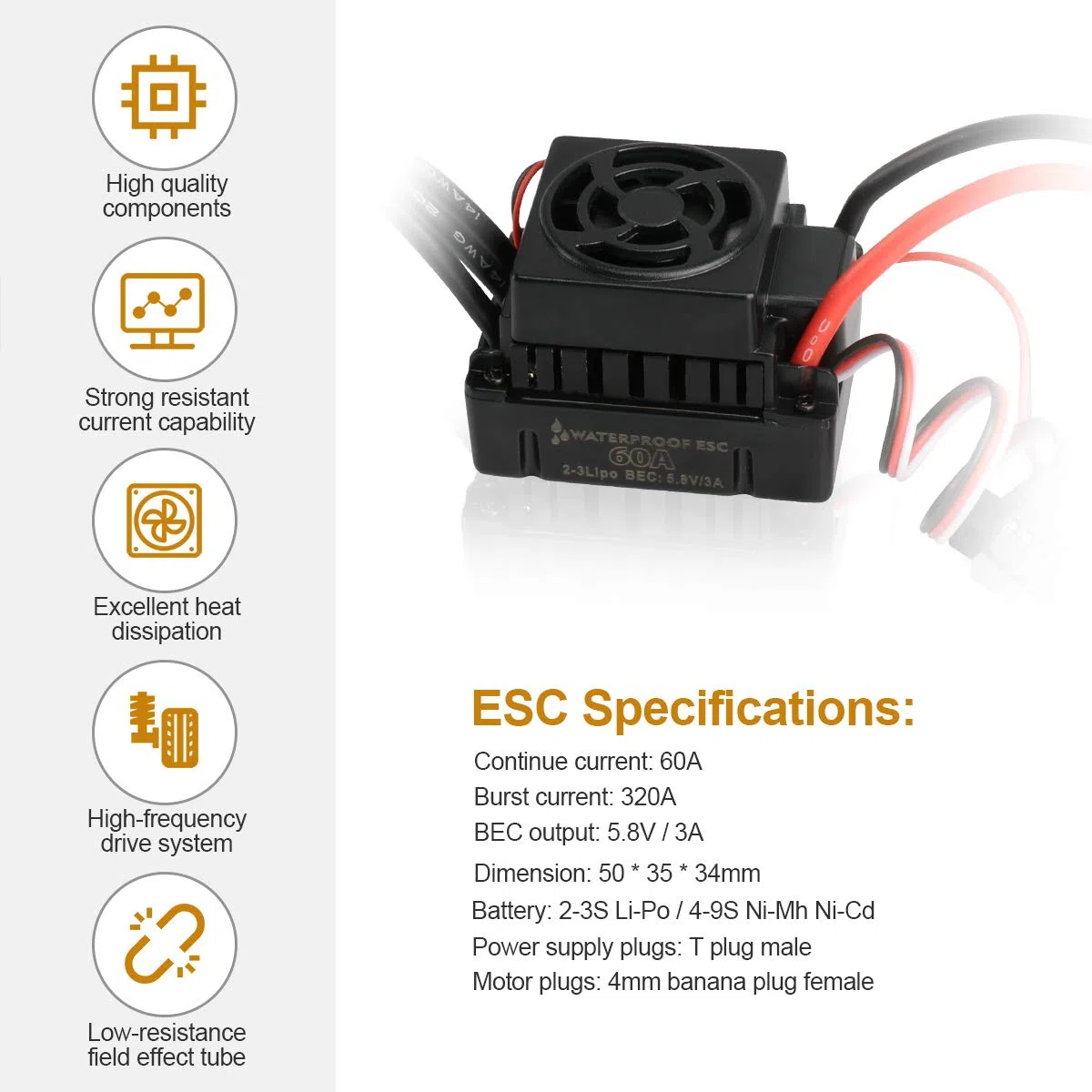 3650 3100KV Motore brushless e 60A ESC Combo Set 5.8V / 3A ESC impermeabile con motore primario senza sensore per 1/10 RC Car