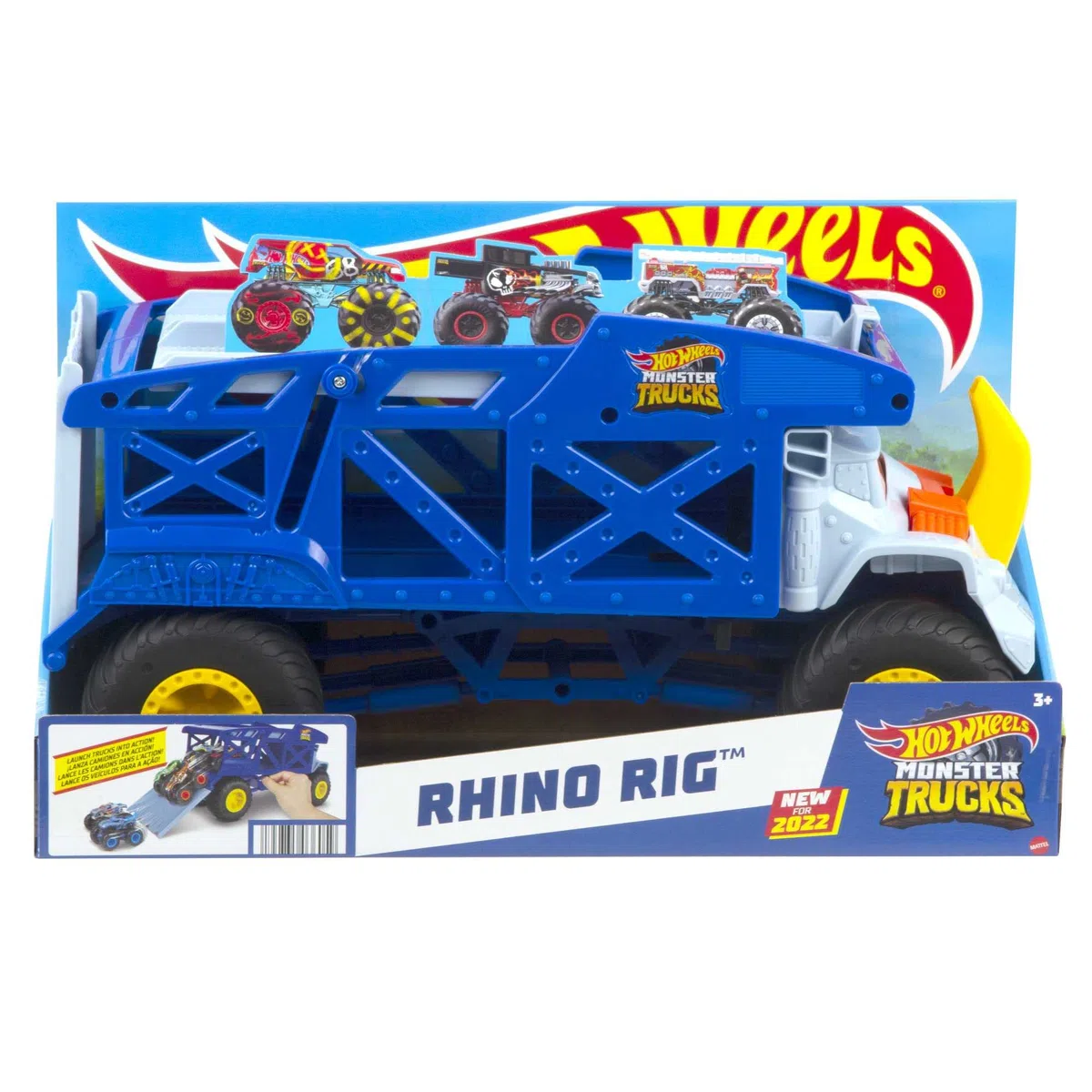 Hot Wheels - Monster Trucks Rino-Trasportatore di auto giocattolo, può contenere 12 Monster Trucks in scala 1:64, con rampa di lancio, Giocattolo per Bambini 3+ Anni, HFB13
