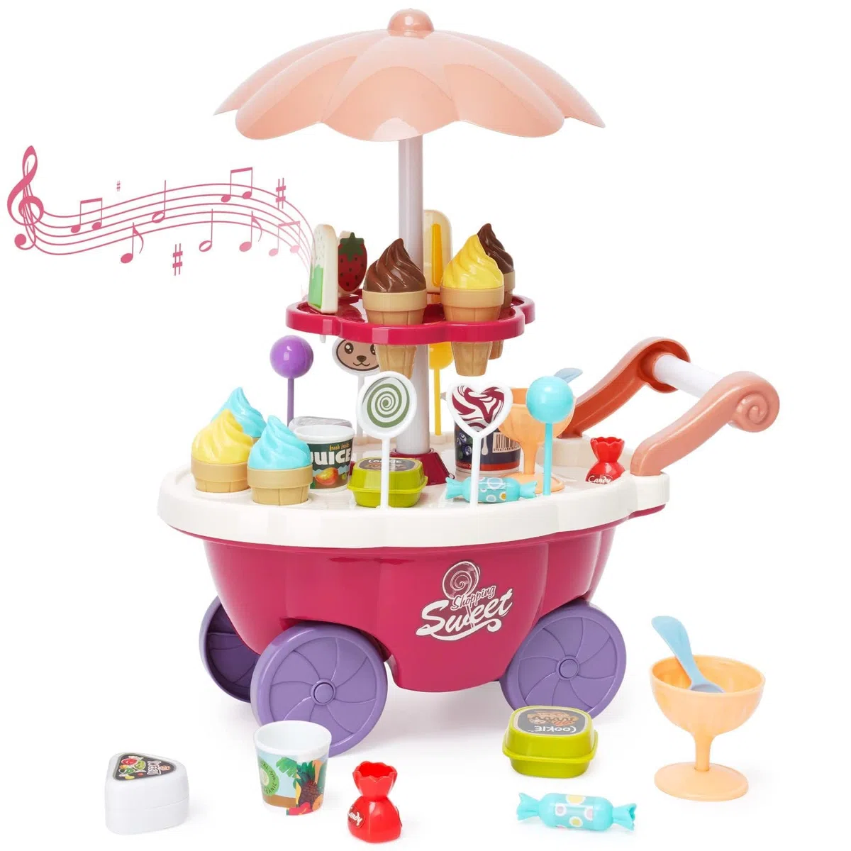 Carrello dei Gelati Bambini, Gelateria Giocattolo 36 Pezzi, Carretto Gelato Giocattolo con Deposito, Giochi di Ruolo Regalo per Bambina 3 Anni