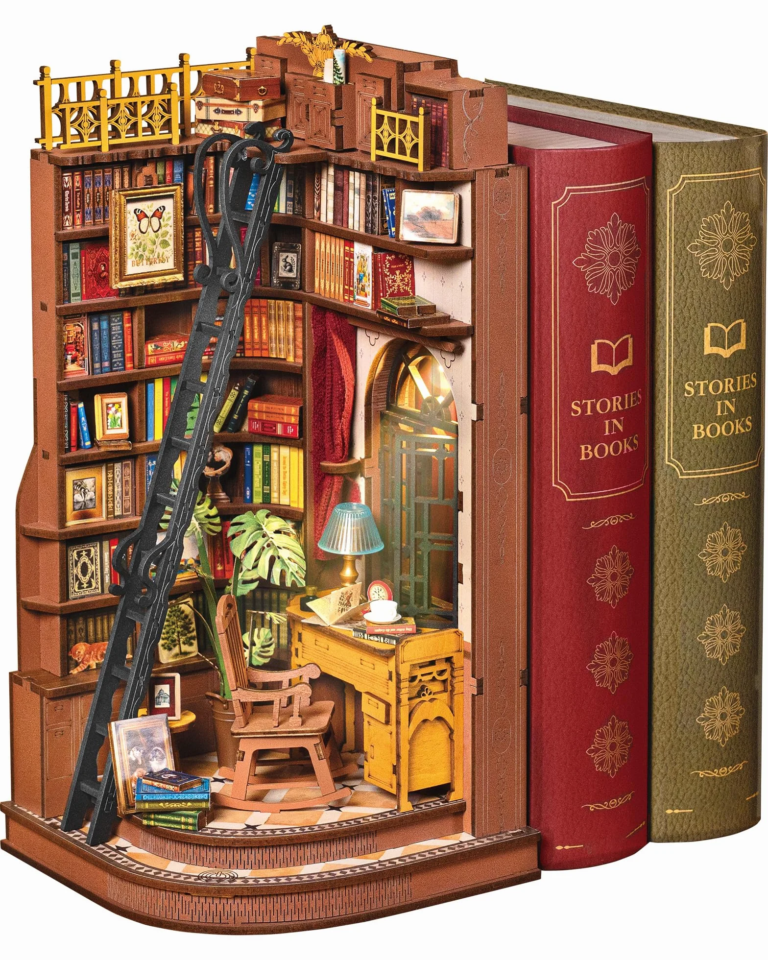 ROBOTIME Book Nook in Legno – Booknook Casa in Miniatura da Costruire con Luci, Puzzle 3D Creativo per Adulti e Ragazzi, Decorazione da Libreria (Silent Corner Study)