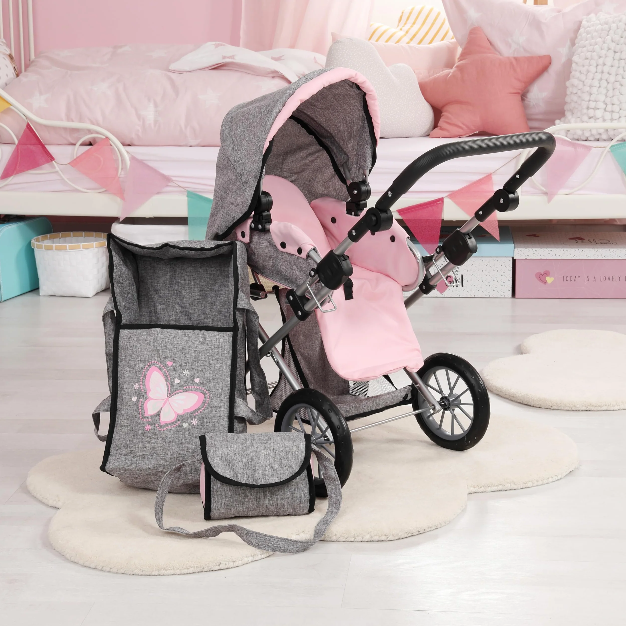 Bayer Design 13633AA Carrozzina per Bambole City Star, Passeggino per Bambole, pieghevole, regolabile in Altezza, convertibile con borsa