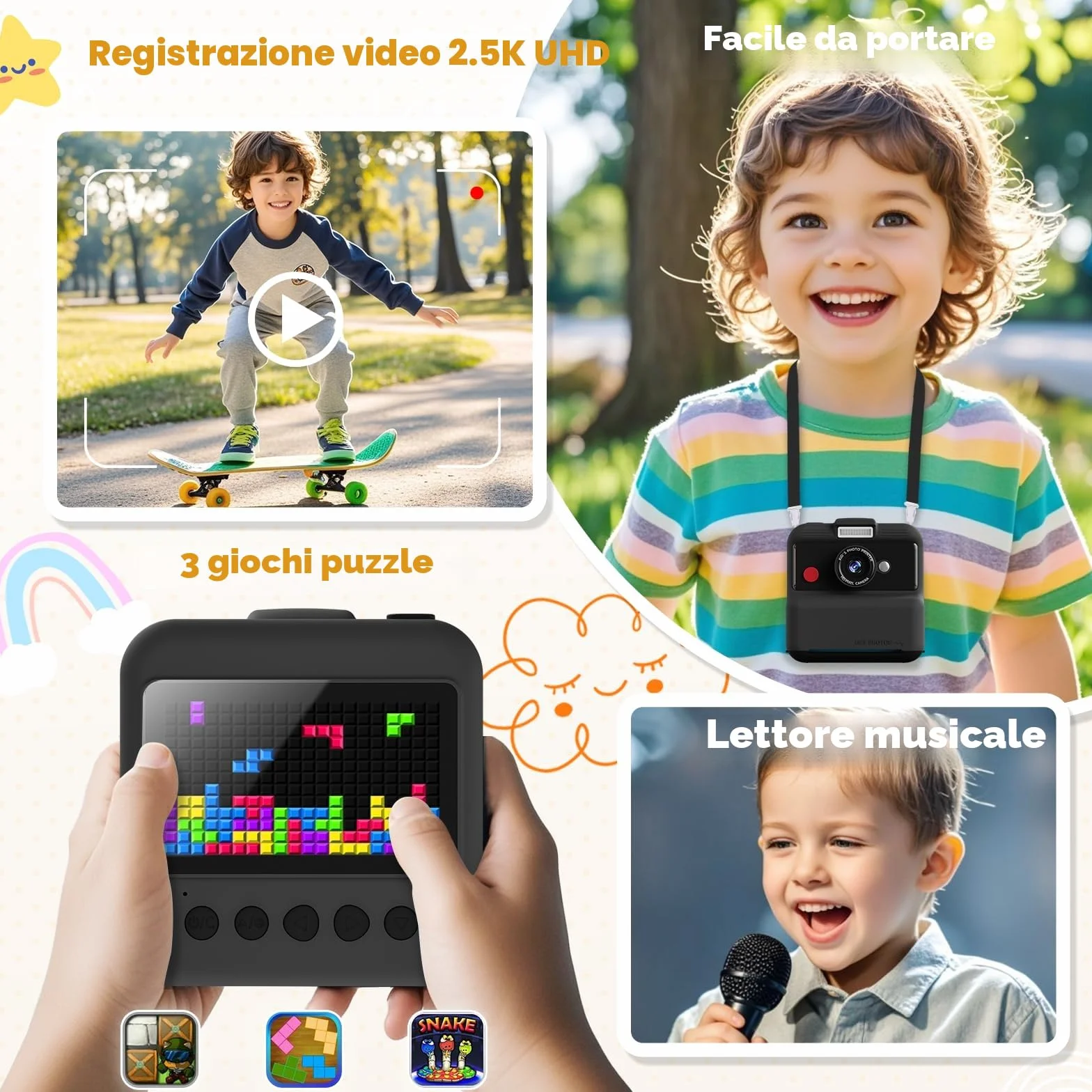 CAMCLID Macchina Fotografica Istantanea Bambini 48MP 2,5 UHD 3,0 Pollici con Scheda 32GB Nero