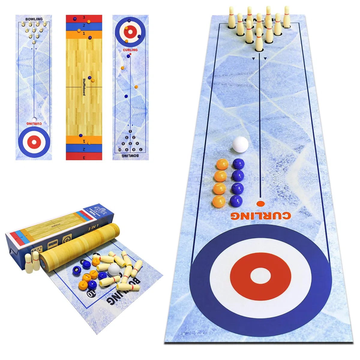 3 in 1 Shuffleboard Bowling Curling Game, Portable Shuffleboard Bowling Curling Game, Shuffleboard Table Top Games,Mini Bowling Shuffleboard Place Mat