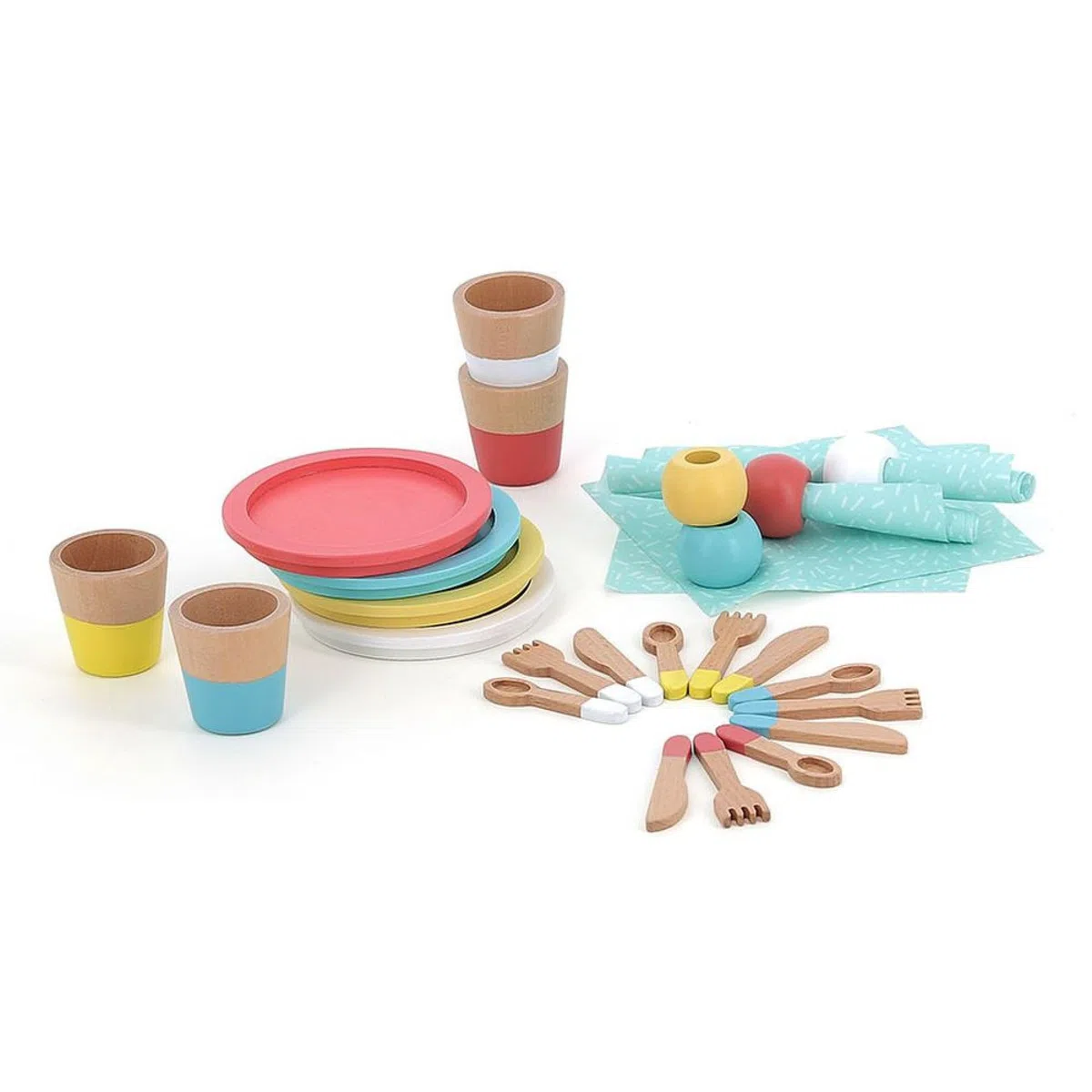 Vilac Dinette Pasto in Legno-Set di 28 Pezzi per Bambini-Stimola l'immaginazione e l'imitazione con Piatti, Occhiali, Posate e Asciugamani-Promuove le capacità motorie sottili, 8178