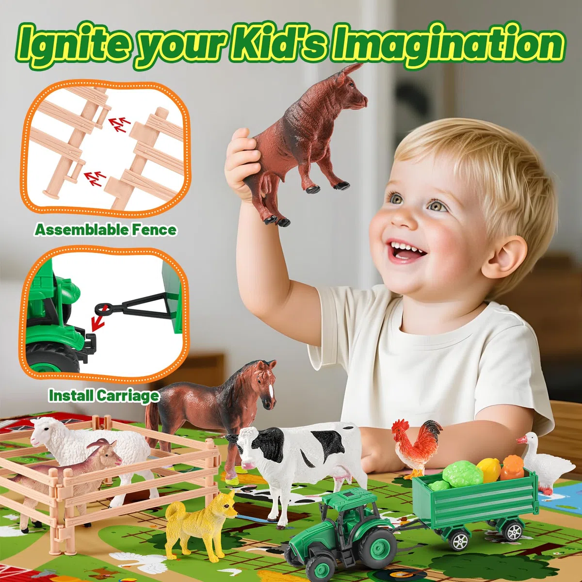 FRUSE Animali Giocattolo per Bambini con 120x80 cm Tappeto, 38 Pezzi Fattoria Animali Bambini con Fattoria Animali Figure,Trattore Giocattolo e Recinti, Giochi Educativo per Bambini 3 4 5 6 anni