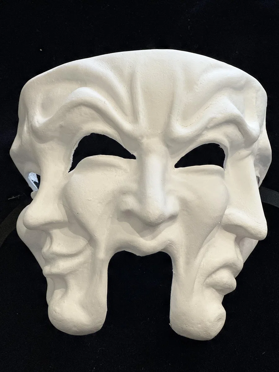 Maschera teatrale bianca vuota con 3 facce - Per decorare, dipingere e indossare.