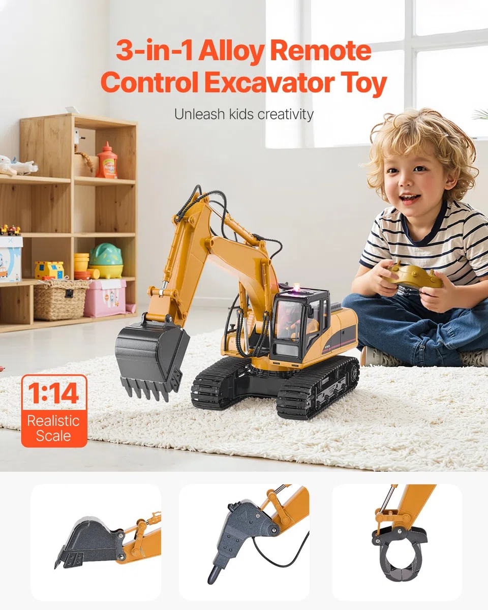 VEVOR Pelleteuse Télécommandée 15 Canaux Excavatrice RC Enfants 3 en 1 Échelle 1:14 Pelle Métallique, Lumière Son, Batteries Rechargeables, Jouet Véhicule Construction, pour Enfant Cadeau Anniversaire