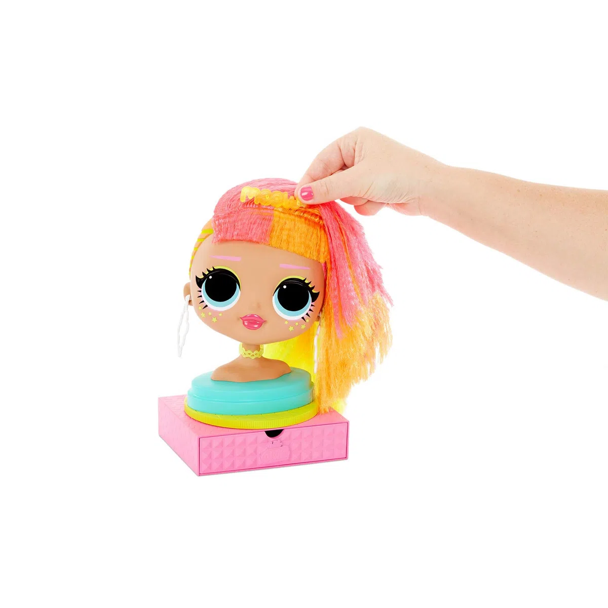 LOL Surprise OMG Testa da Acconciare con Capelli Adesivi per Stili Infiniti, 30 Sorprese e Accessori, Neonlicious