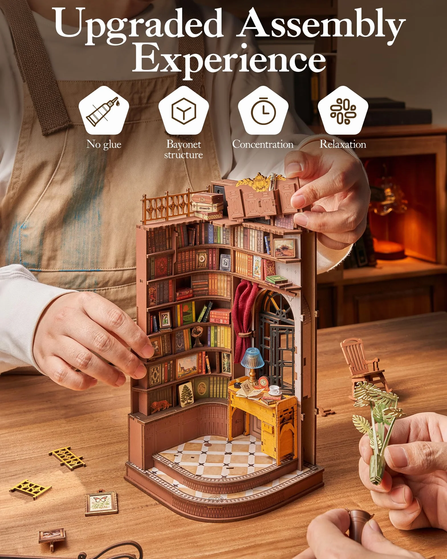 ROBOTIME Book Nook in Legno – Booknook Casa in Miniatura da Costruire con Luci, Puzzle 3D Creativo per Adulti e Ragazzi, Decorazione da Libreria (Silent Corner Study)