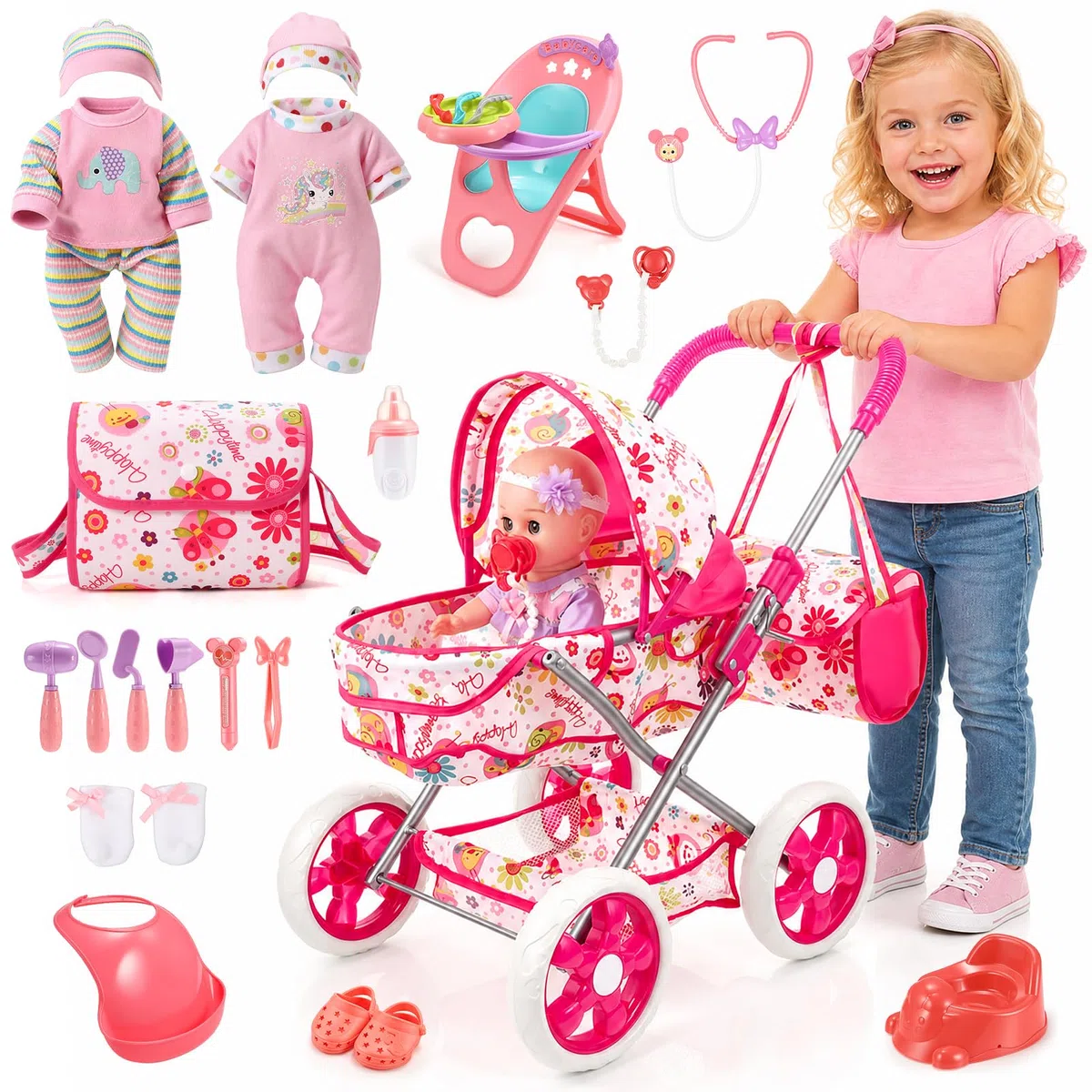 HappyGoLucky Passeggino con Bambola da 28 cm, Vestiti e Accessori Bambole Gioco di Ruolo Bambina 3-7 Anni Carrozzina per Bambole Regalo Bambina 2-8 Anni Giocattoli Bambino