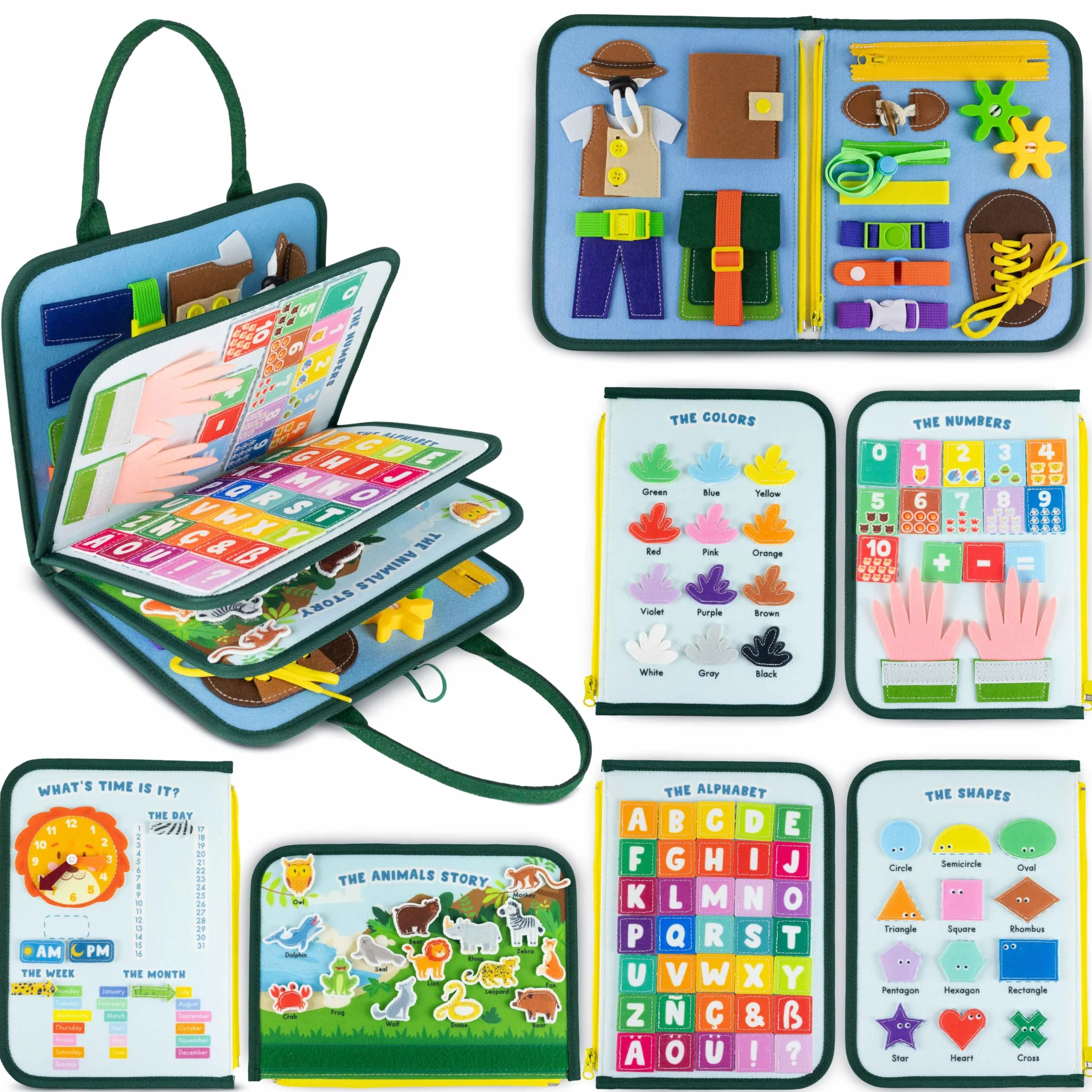 BONNYCO Montessori Busy Board Feltro. Valigetta Giochi Montessori Didattici, Pannello Sensoriale Bambini Board. Giochi Bambini 1 2 3 4 5 6 Anni, Regalo Bambino Bambina Bimbo Book Compleanno Natale