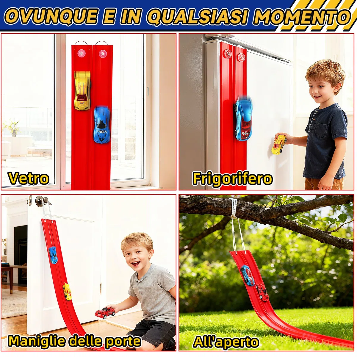 Charmofun Pista Macchinine Flessibile 5M, Giocattolo Piste da Corsa con 4 Auto, Borsa Stoccaggio, Circuito di Corse per Bambini con Rampa e Catapult, Portatile Pista per Bambini 3+ Anni (Rosso)