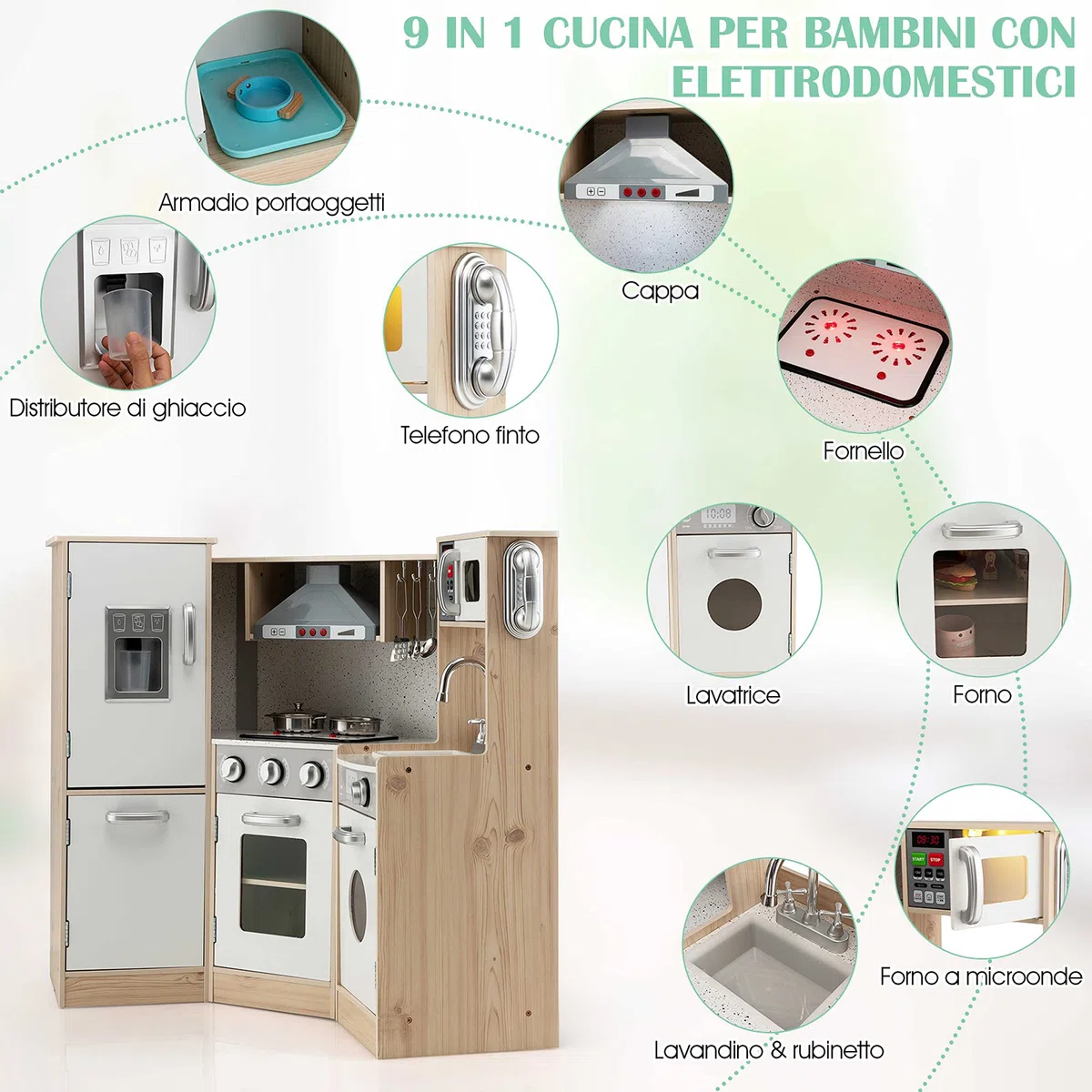 COSTWAY Cucina Giocattolo Legno per Bambini con Macchina del Ghiaccio, Telefono, Lavatrice, Forno, Microonde, Lavello e Rubinetto, Funzione Luci e Suoni, 3+ Anni