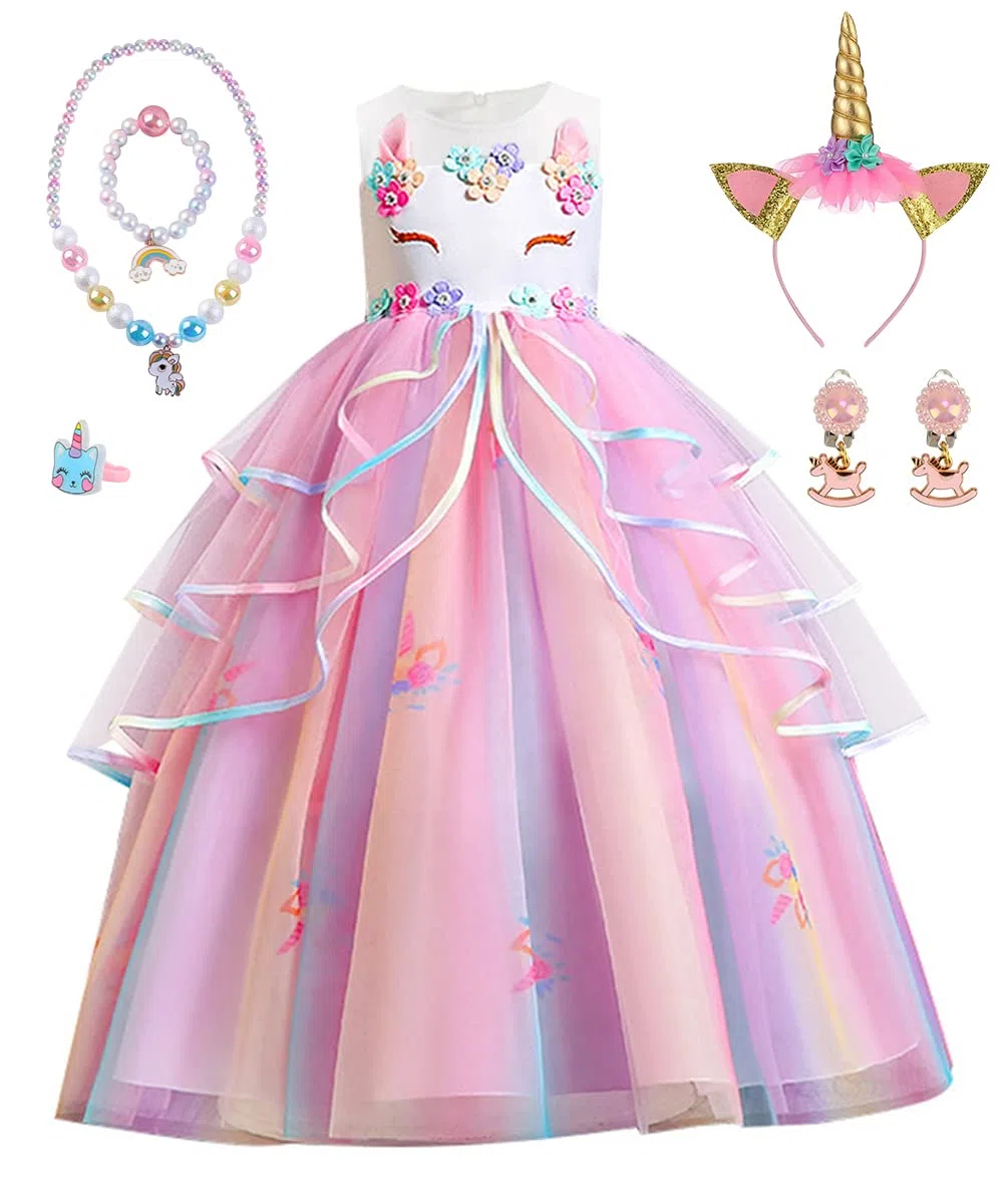 TOLOYE Vestito Principessa Bambina, Principessa Vestiti con Collana Set, Costume da Cosplay Unicorno Bambina Ragazza,Vestito Fantasia per Halloween Carnevale Cosplay Compleanno Natale Festa