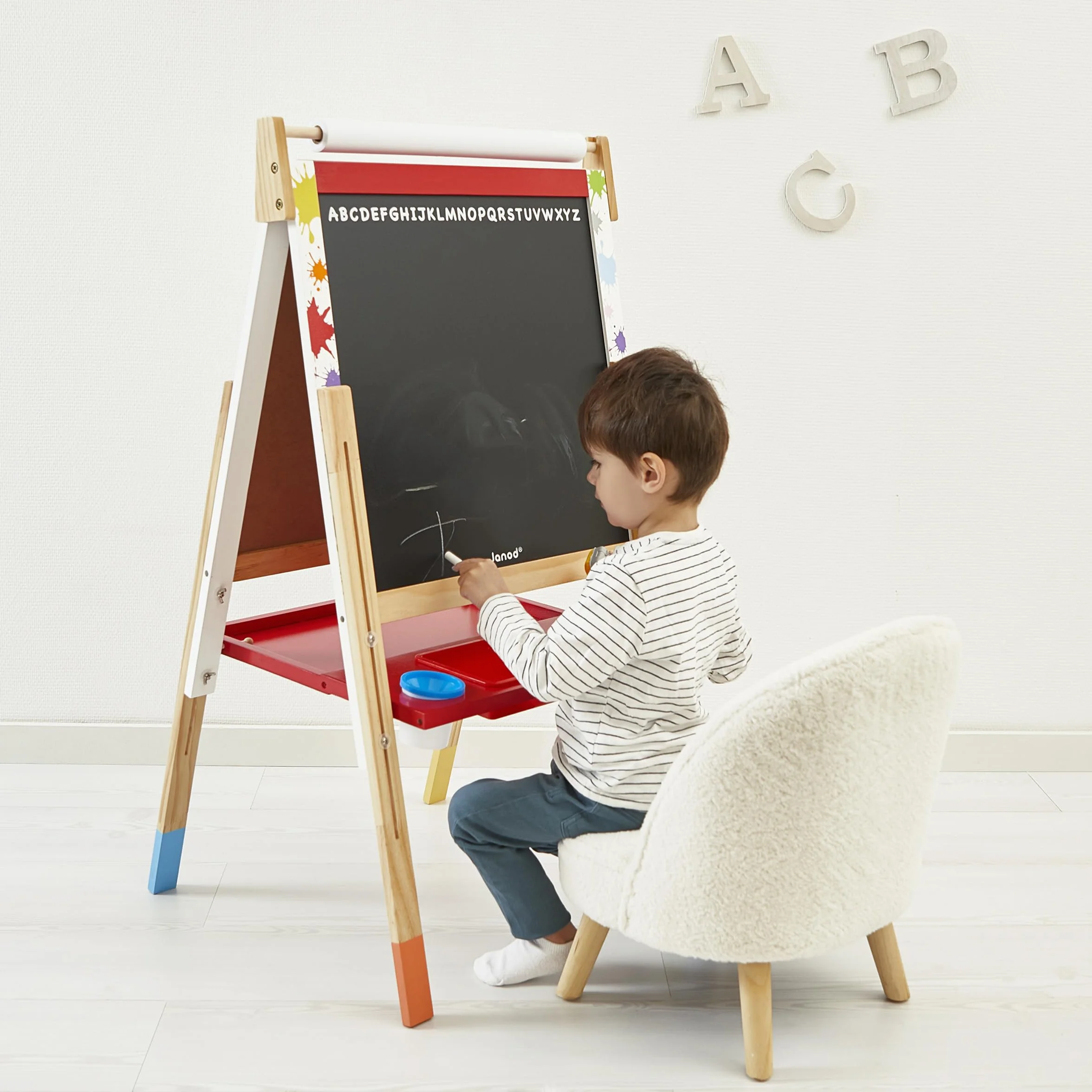 Janod-Due Facce Splash Lavagna per Bambini in Legno Evolutiva Magnetica Bianca Regolabile in Altezza con Ardesia per Gesso, 13 Accessori Inclusi, A partire da 3 Anni, J09611