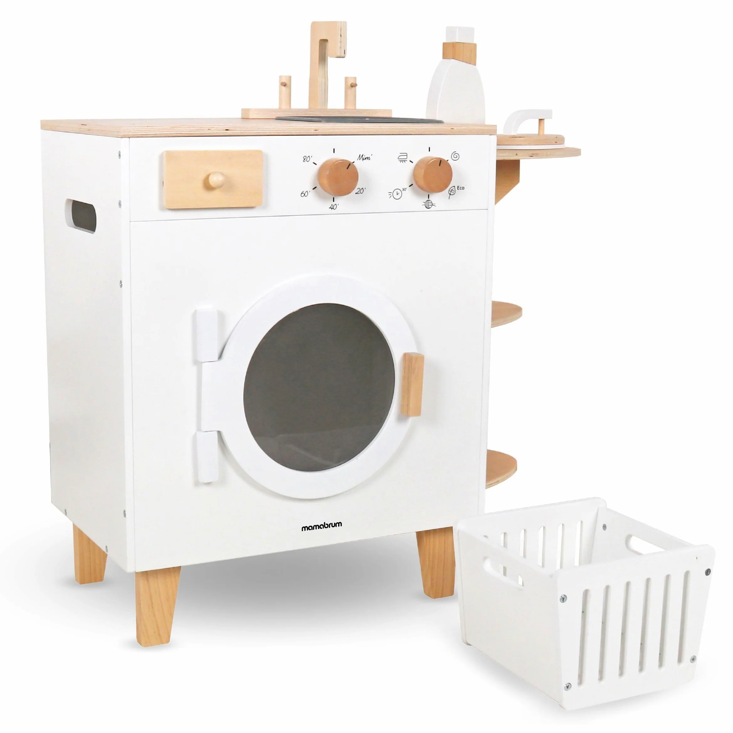 Mamabrum Set Lavatrice in Legno per Bambini 3+ - Giocattolo Educativo e Creativo per Giochi di Ruolo - Include Ferro da Stiro, Cesto Biancheria e Accessori