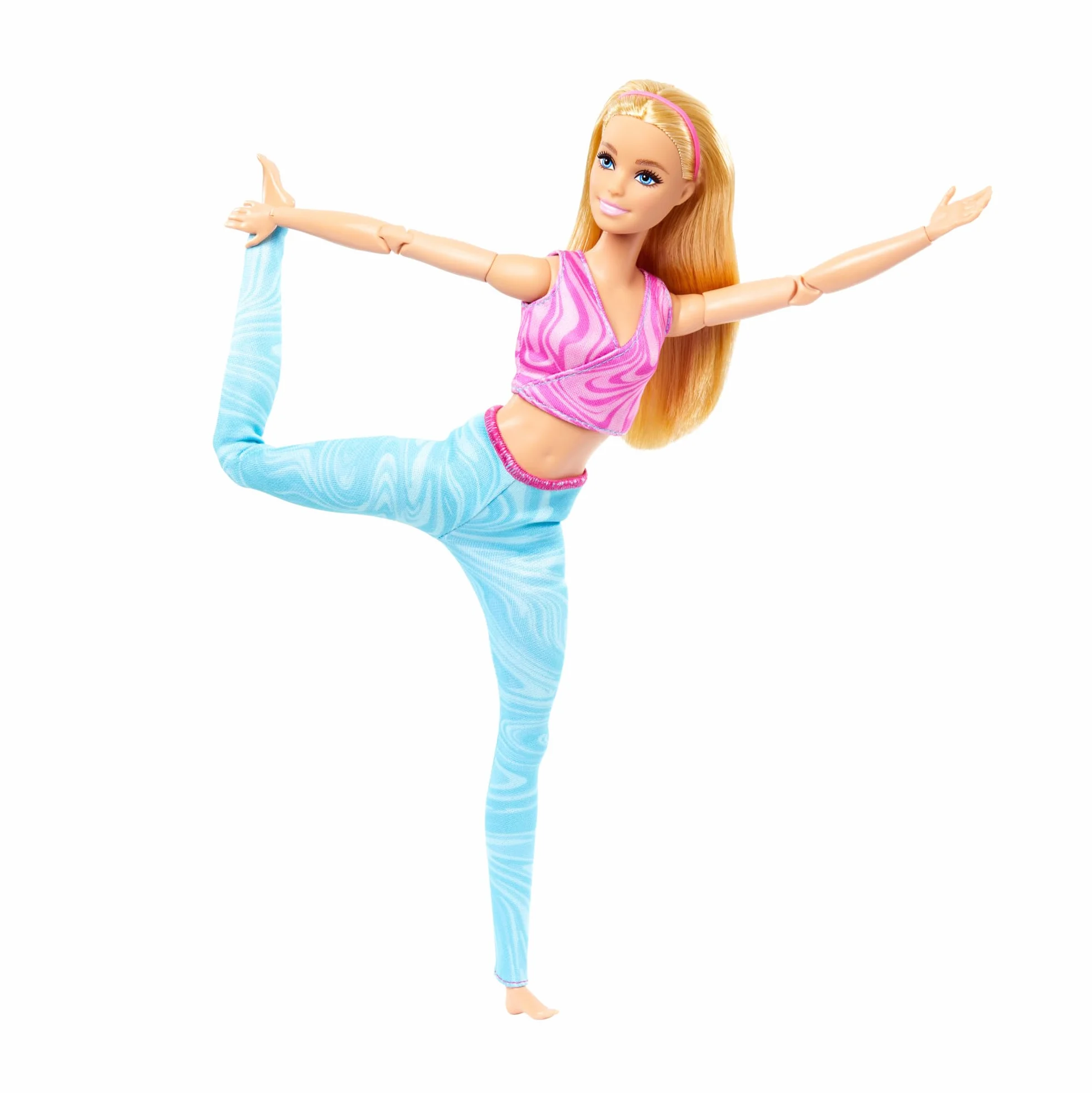 Barbie - Bambola Made to Move, snodata e con articolazioni mobili, capelli biondi con top sportivo rosa e pantaloni blu da yoga, giocattolo per bambini, 3+ anni, HRH27