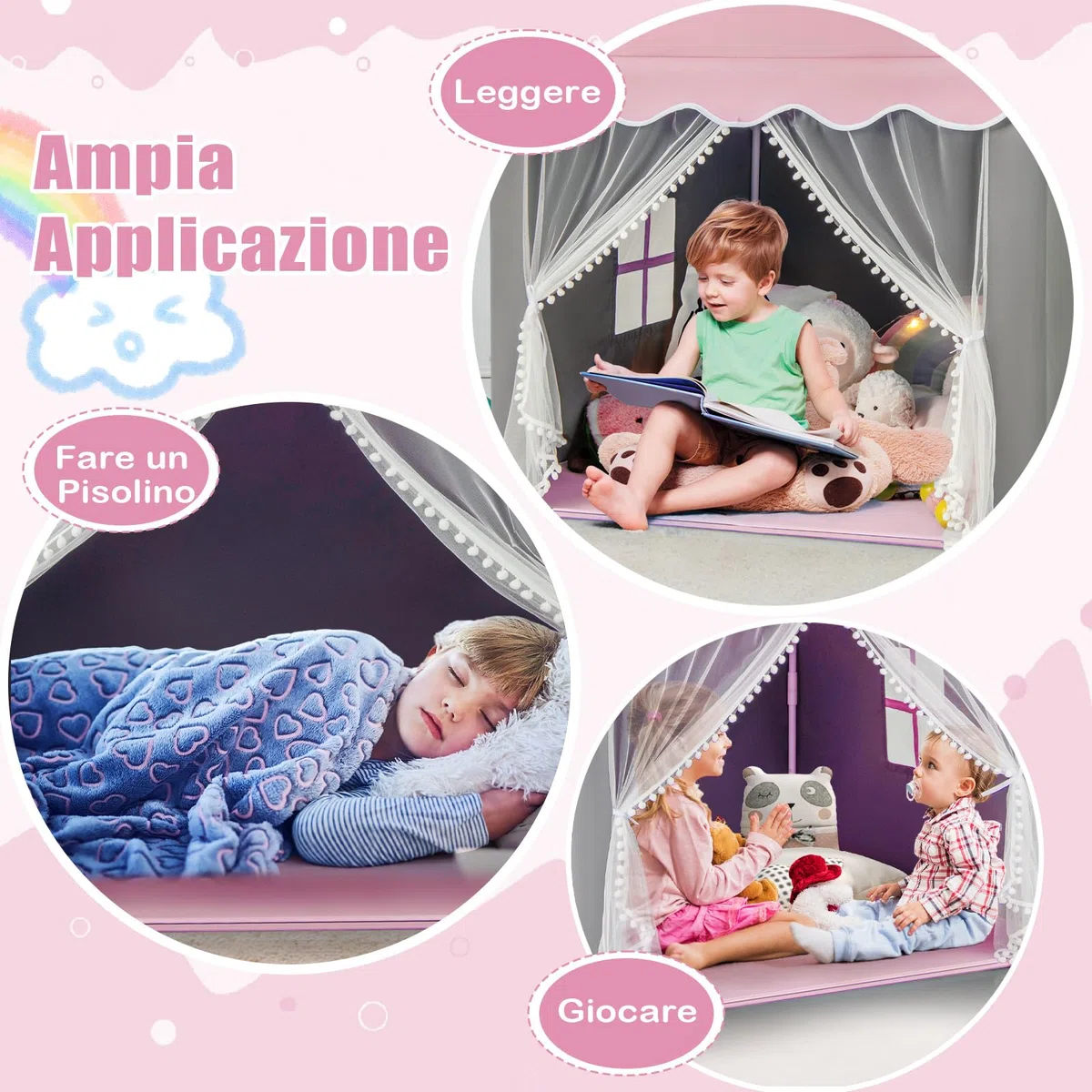 COSTWAY Tenda da Gioco per Bambini, Tenda Castello con Tappetino Lavabile, Luci a Forma di Stella, per Interno ed Esterno, 105 x 121 x 136 cm (Stile 2 Rosa)