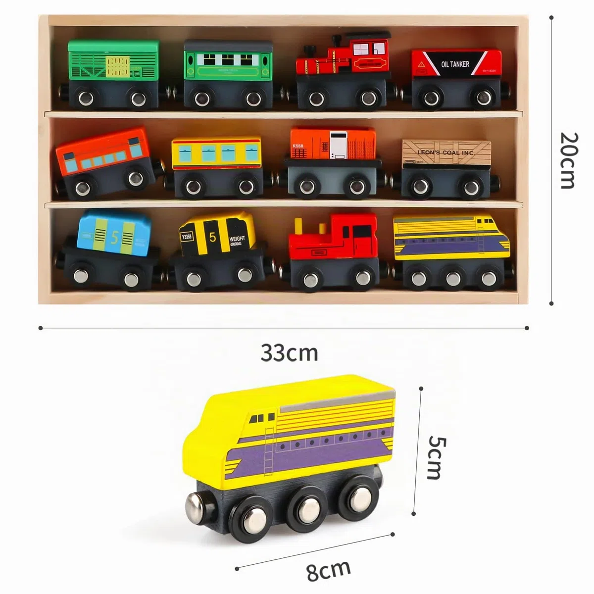 Jacootoys Set Trenino Magnetico in Legno con Scatola Portaoggetti (12 pezzi) Veicoli Educativi Automobili Motori per Ragazzi Ragazze 3 + Anni