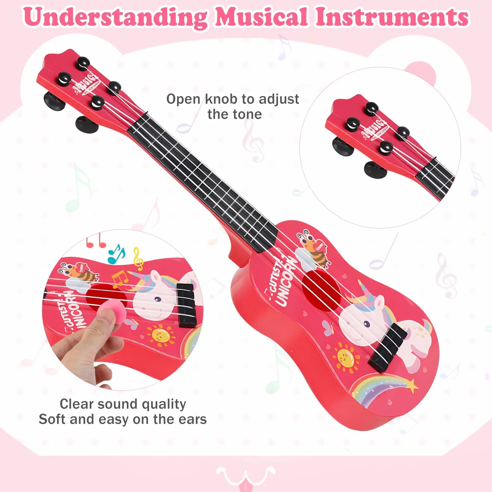 42cm Chitarra per Bambini e Ragazzi - Ukulele con 4 Corde Regolabili, Giocattolo Musicale per Principianti