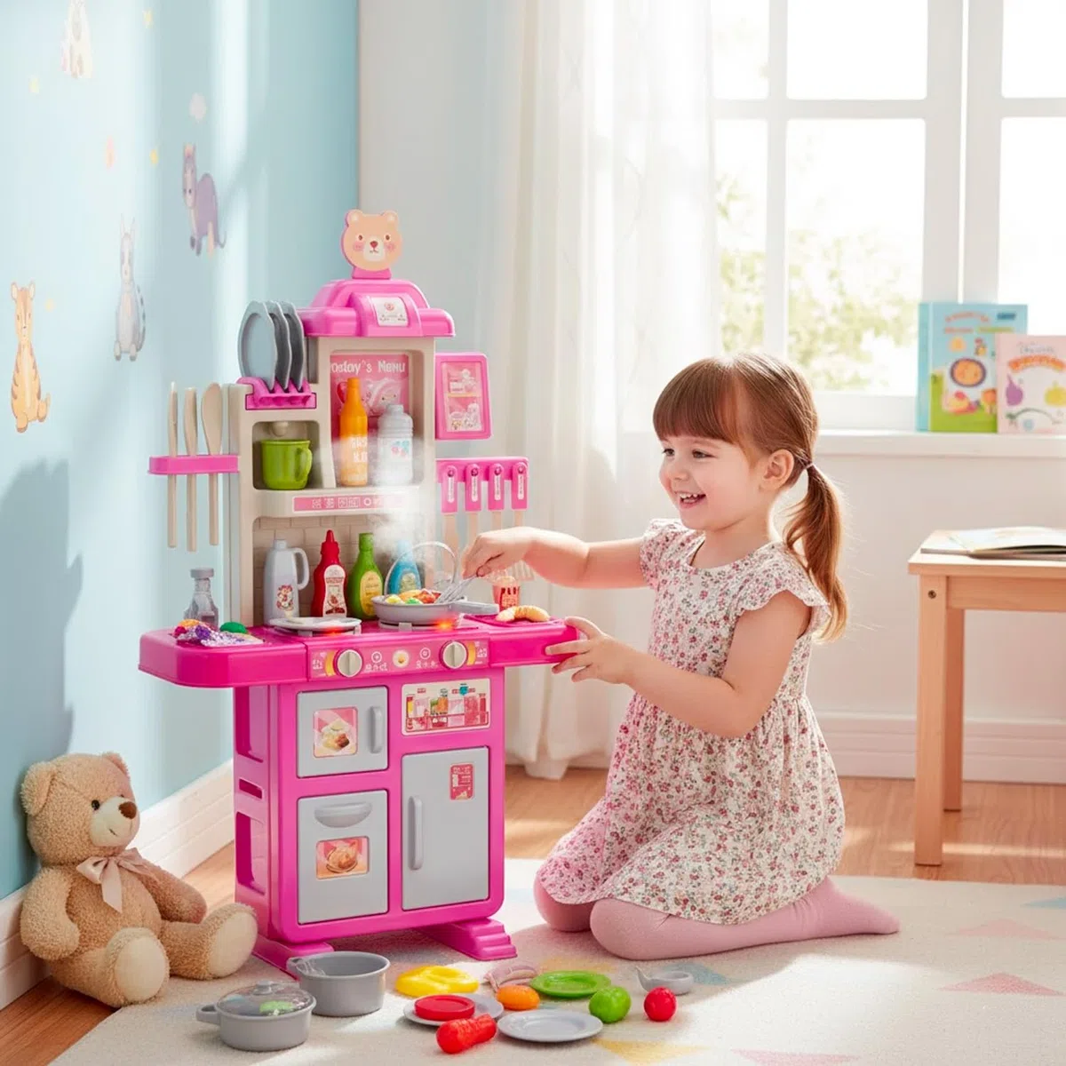 BRICOZONE Cucina Giocattolo Per Bambini Con Luci Suoni Ed Effetto Vapore Set Cucina Completo Con 69 Accessori Frigorifero Forno Rubinetto Con Riciclo Acqua 3 5 Anni (Rosa)
