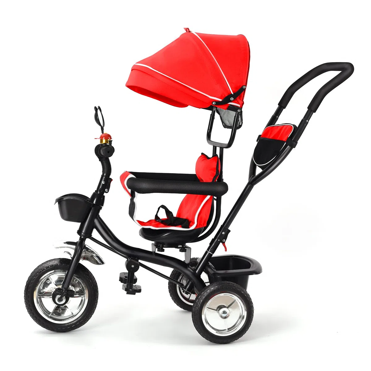 Triciclo per bambini evolutivo con sedile reversibile, triciclo a spinta per ragazze e ragazzi, tettoia+grande armatura+barra di spinta regolabile (grande rosso)