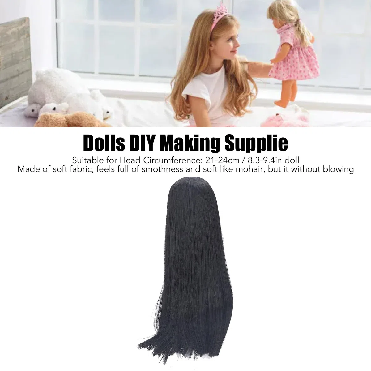 Zerodis 1/3 BJD - Parrucca per bambola SD, 21-24 cm, in seta naturale morbida ad alta temperatura, capelli lunghi e lisci mohair, con frangia per indossare parrucca per bambole BJD, colore nero fai