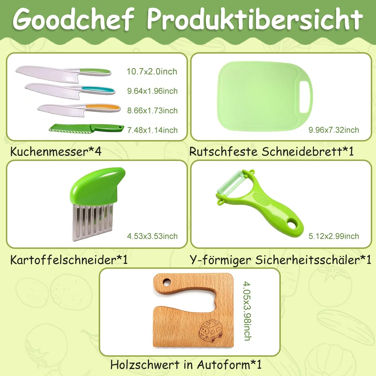 Goodchef Set di coltelli da cucina per bambini, 8 pezzi, per tagliare e cucinare frutta o verdura per bambini, con coltello in legno