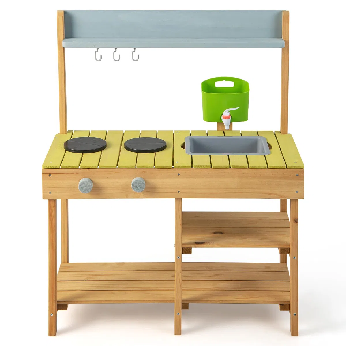COSTWAY Cucina Giocattolo per Giardino in Legno di Abete, Cucina per Bambini con Serbatoio dell'Acqua e Lavello Rimovibili, 3 Ripiani Aperti, Funzione Suoni, per Bambini 3+ Anni (Naturale)