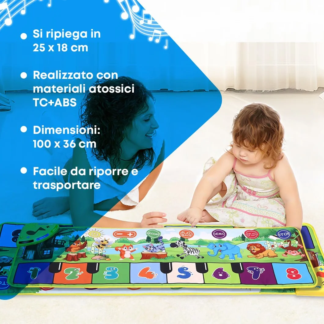 NK Tappetino Musicale per Bambini con 8 Suoni di Animali LED - Gioco Regali Bambino 3 4 5 annos, Tappeto Pianoforte Musicale Montessori, Regalo Natale e Compleanno, Funzione Record/Playback (110x36cm)