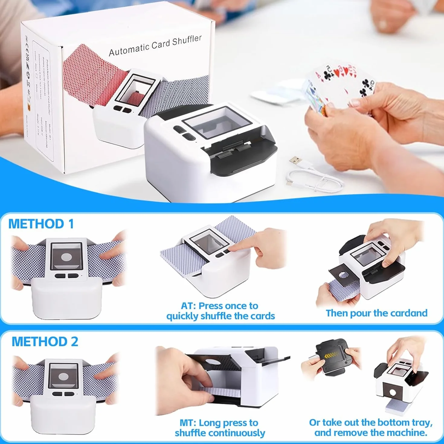 Miscelatore Automatico di Carte, Miscelatore Elettrico per 1-2 Mazzi di Carte, modalità Automatica e Manuale, Ricaricabile 2000 mAh, Portatile e Basso Rumore per Poker, Uno, Blackjack, Skip-BO