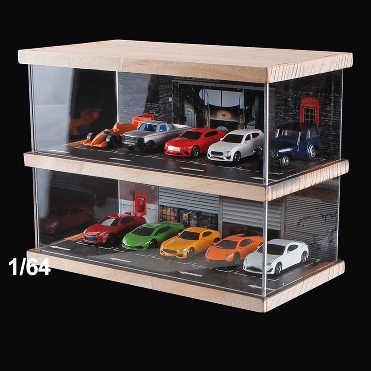 Perfeclan 1/64 Kit di modellismo Diorama Acrilico Parcheggio, macchinine per Bambini, Vetrina Diecast Car Garage Contenitore Antipolvere, Doppio Ponte