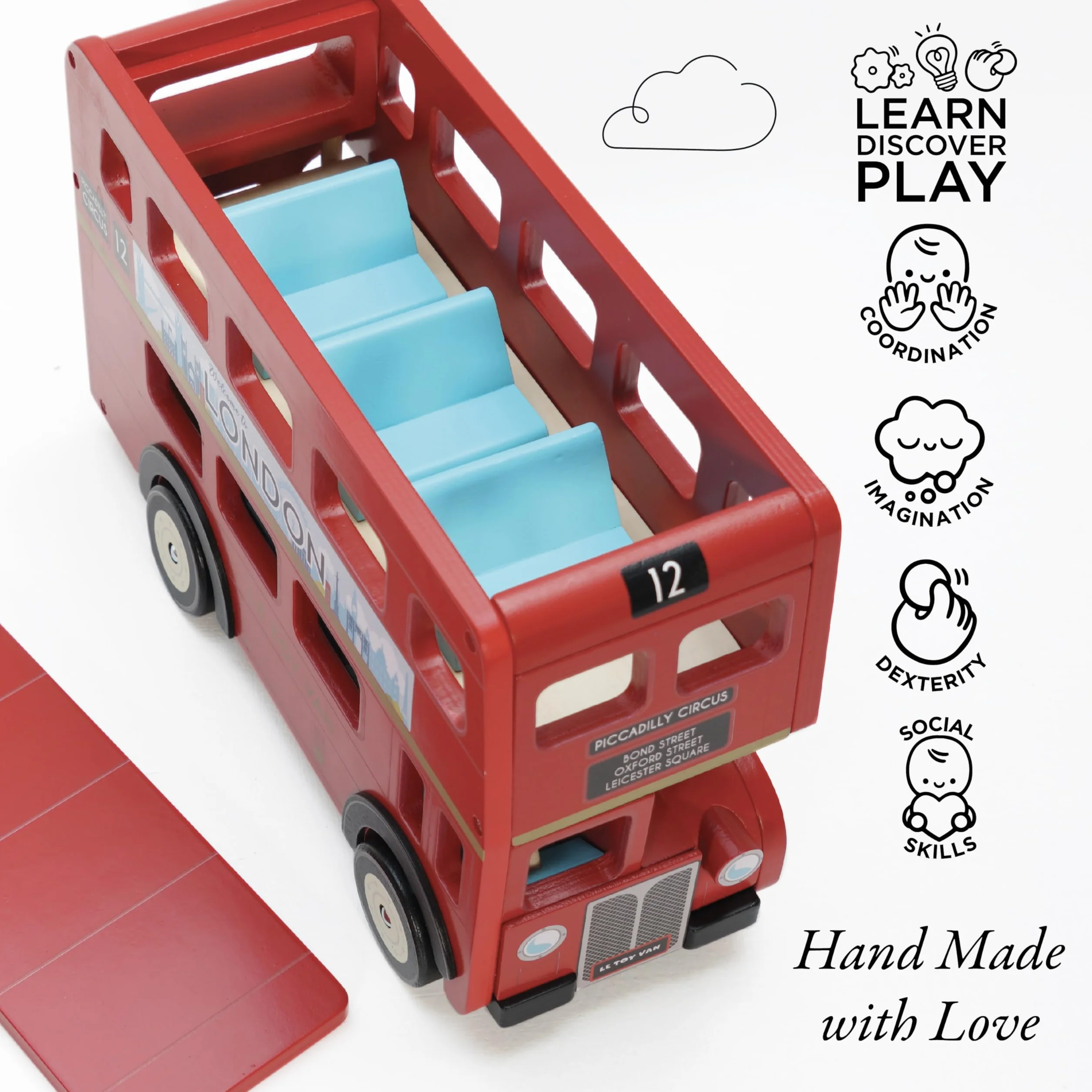Le Toy Van - TV469 - London Bus giocattolo educativo per bambini, 3 anni, autobus a 2 piani in stile londinese con tetto apribile e dettagli realistici, 32 x 13 x 20 cm, in legno certificato FSC