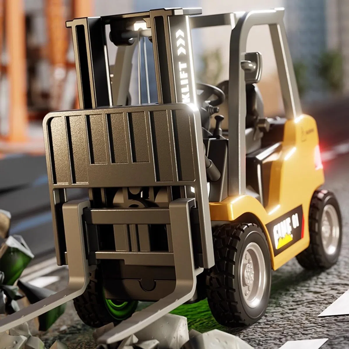 2set 1/64 Full Proportional RC Forklift Toy, Alloy Forklift Toy Car Model 2 in 1 Transformable Lift Fork & Hook Engineering Vehicle Tabletop Toys with Lights & Sounds Gifts for 4+ Kids
