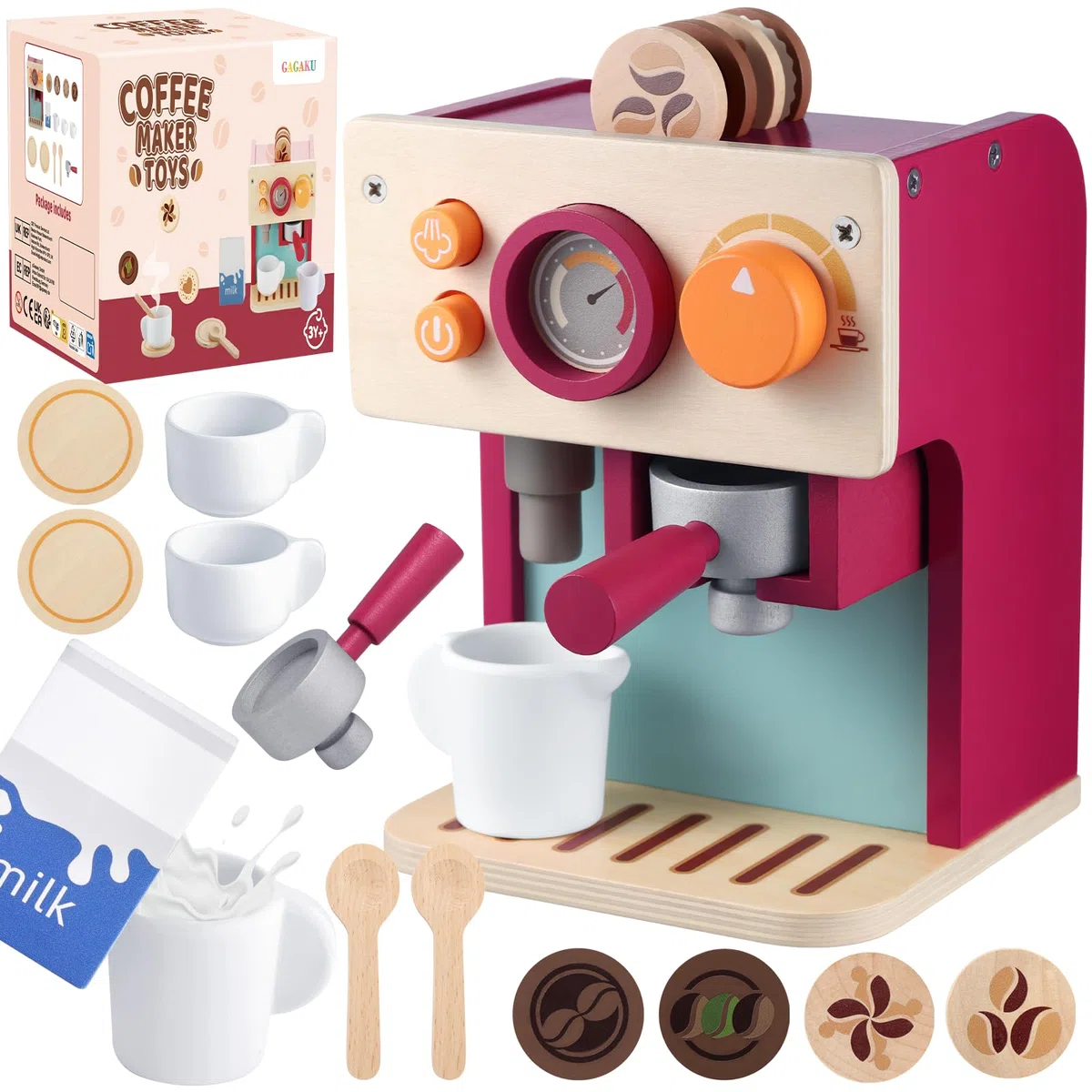 GAGAKU Macchina da caffè in legno per bambini dai 3 anni in poi con lattiera e accessori, giocattolo educativo, gioco di ruolo, regalo di compleanno per ragazzi e ragazze