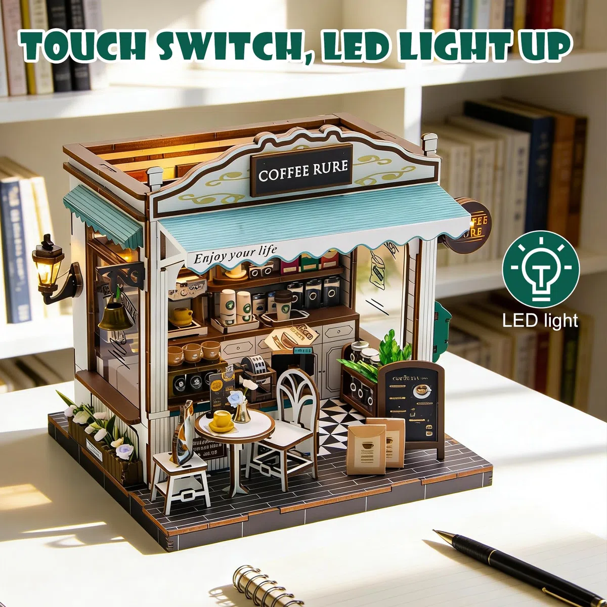 Kit fai da te per casetta in miniatura Coffee - per case delle bambole in miniatura, Book Nook Puzzle 3D in legno Angolo lettura fai da te per decorare la libreria Regalo di compleanno o di Natale