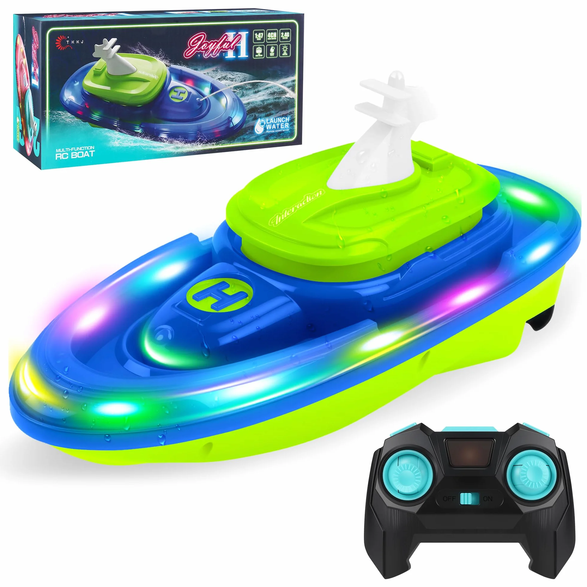 FORMIZON Barca Telecomandata, Motoscafo Telecomandato con Spruzzi d'Acqua, Barca Radiocomandata con Luce e Funzione Rotante a 360 Gradi per Piscine e Laghi (Blu)