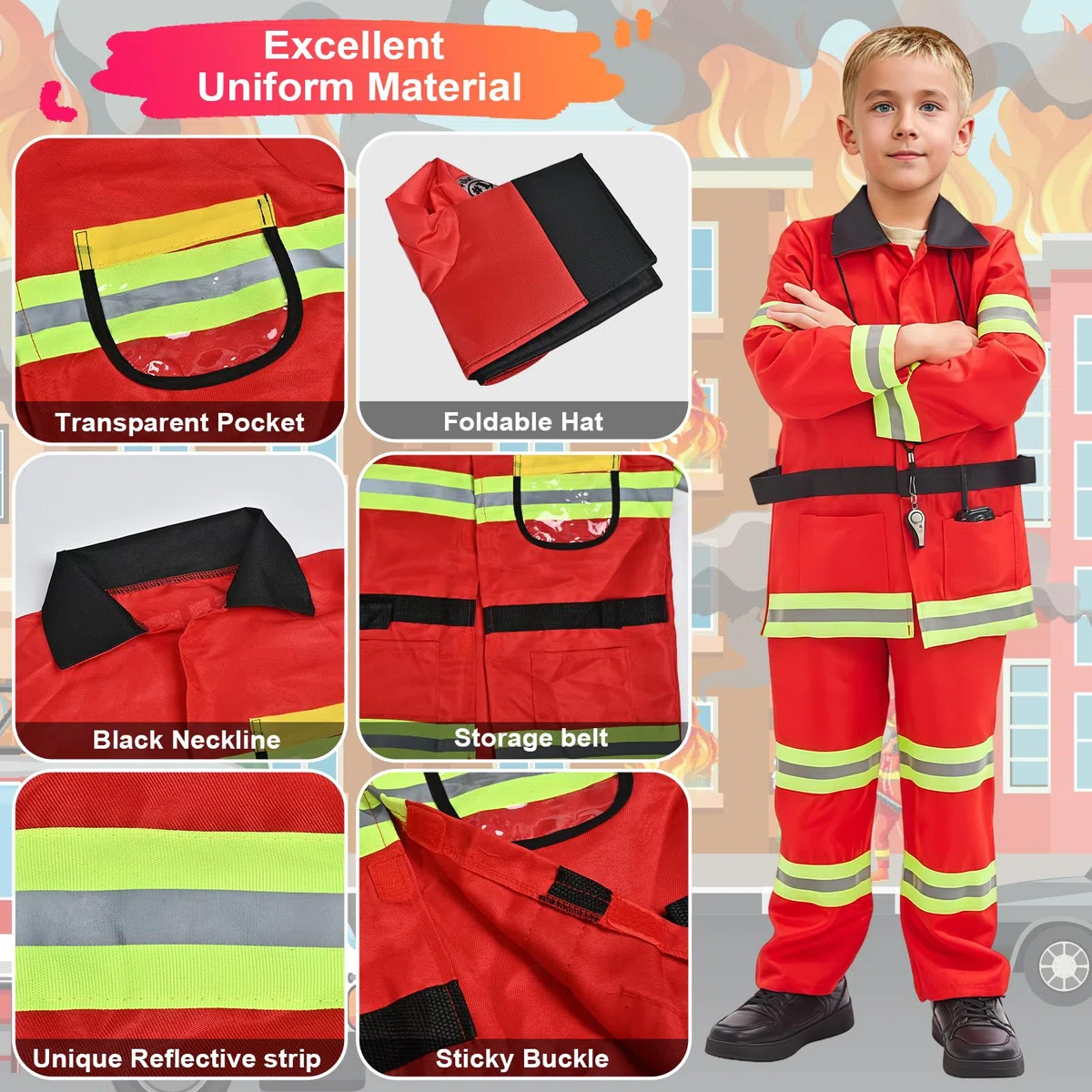 Luckyou Vestito Pompiere Bambino Costume da Pompiere per Bambini con Accessori Costume da Capo dei Pompieri Esercitazioni Antincendio Cosplay Halloween Carnevale