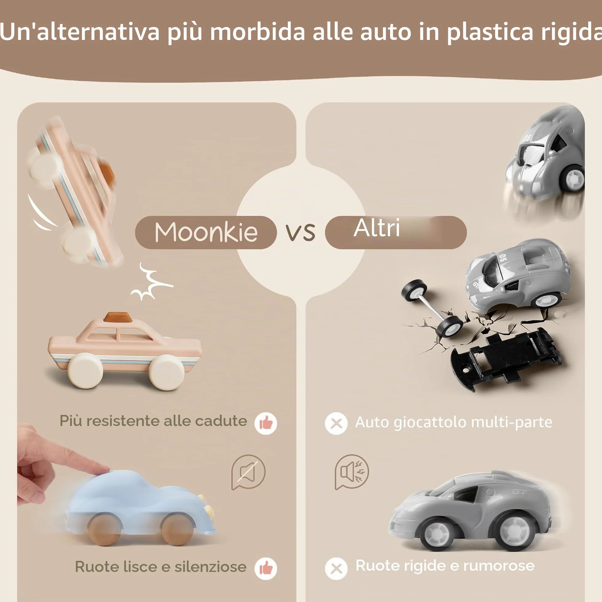 Moonkie Roll & Go Macchinine per Bambini, Set da 3, Regalo Bambino 1 2 3 Anno, Giochi Bambini in Silicone 6 Mesi+, Senza BPA, Massaggia Gengive Neonati, per Maschi e Femmine, Giochi Montessori