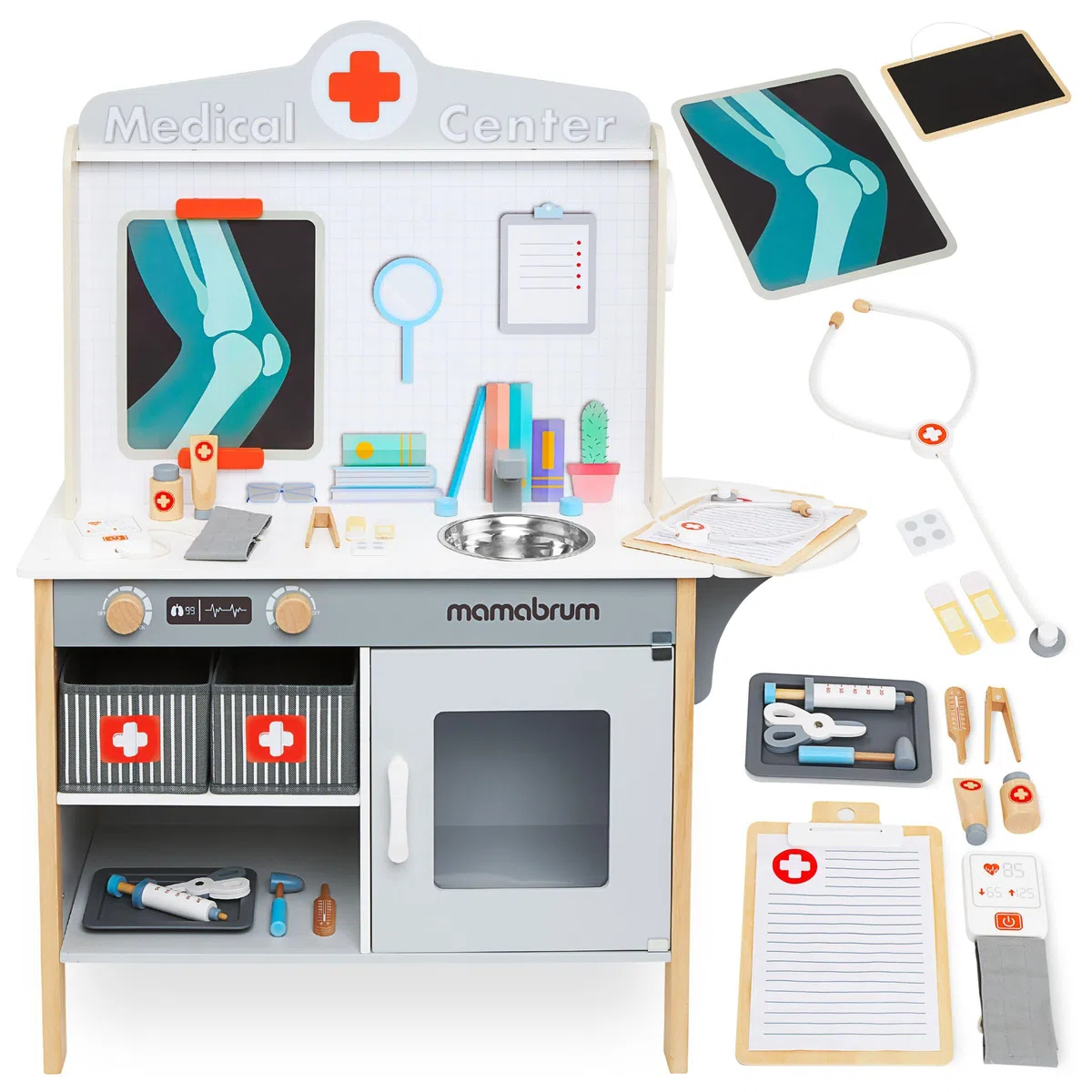Mamabrum Armadietto dei Medicinali in Legno XXL - Set da Medico con 20 Accessori Realistici e Valigetta per Bambini