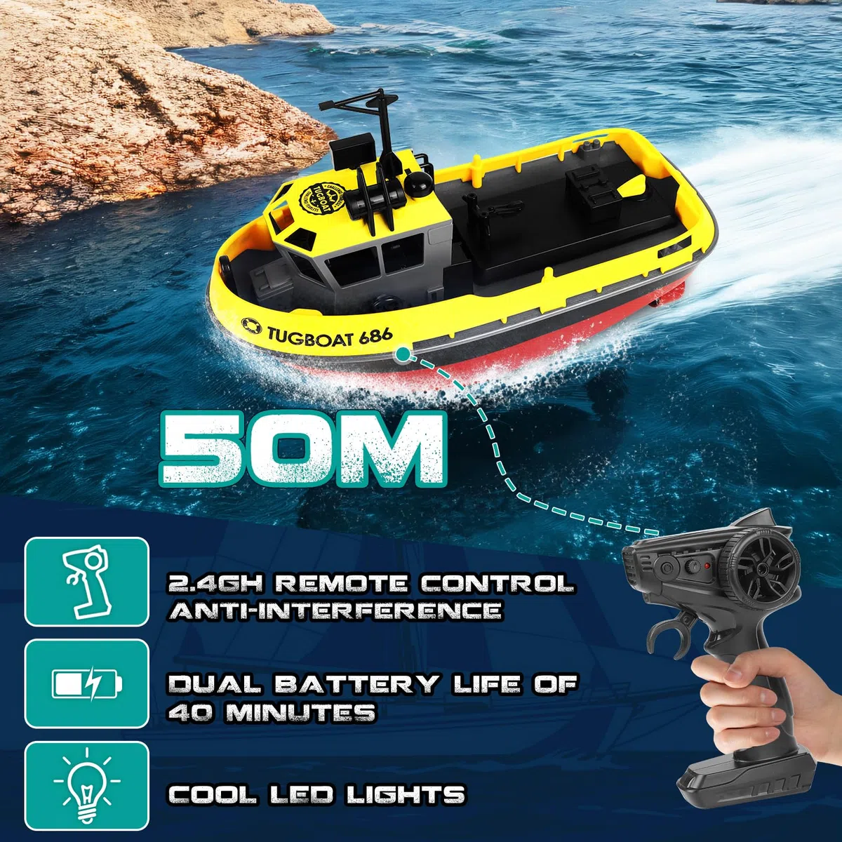 FORMIZON Barca telecomandata, 1:72, modello di simulazione fai da te, barca RC con luci LED, 2,4 GHz, giocattolo nave telecomandata RC, giocattolo da piscina per bambini e adulti