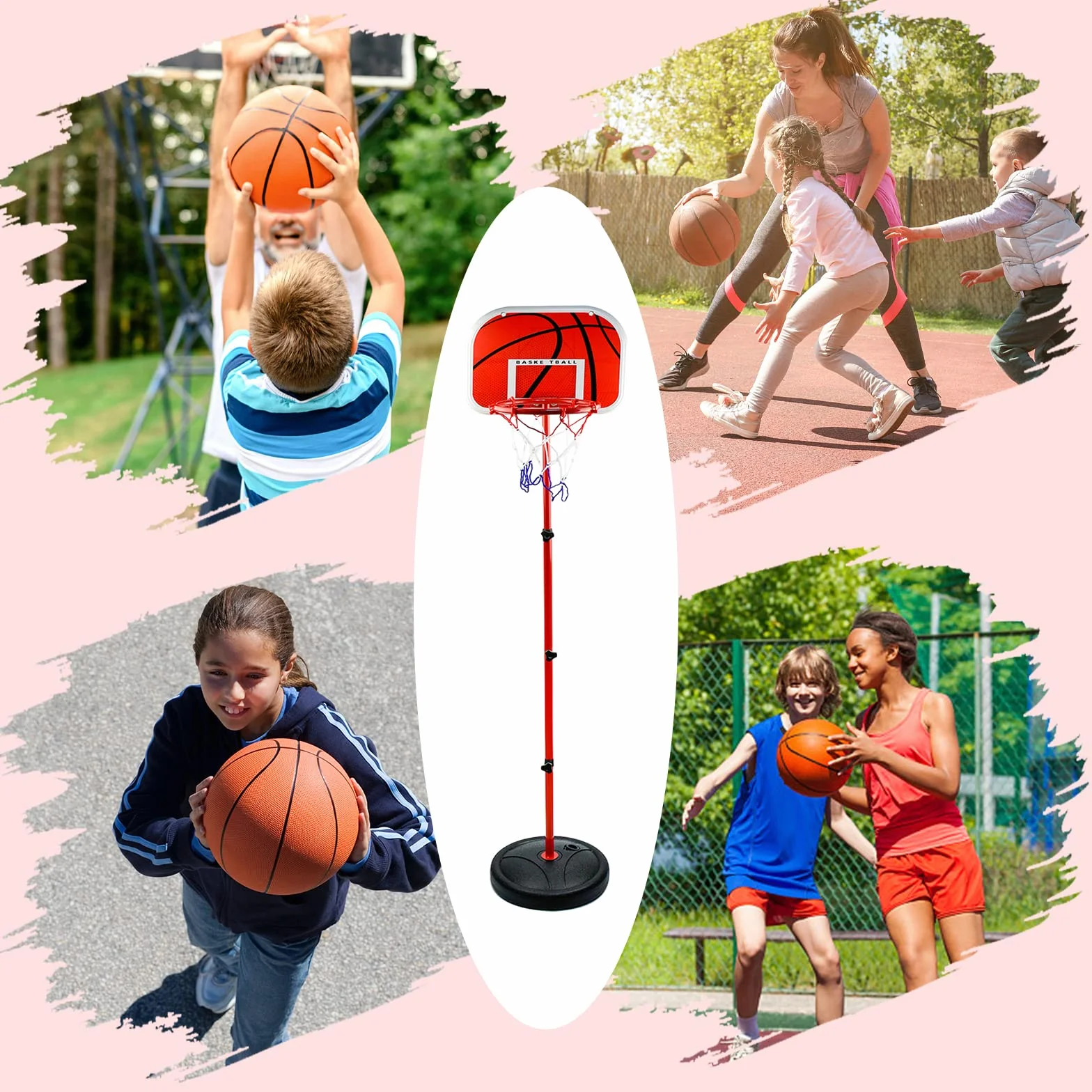 Canestro Basket Bambini e Supporto, portatile da 50 cm-150 cm Regolabile per interni ed esterno, Con 3 palle, rete, pompa