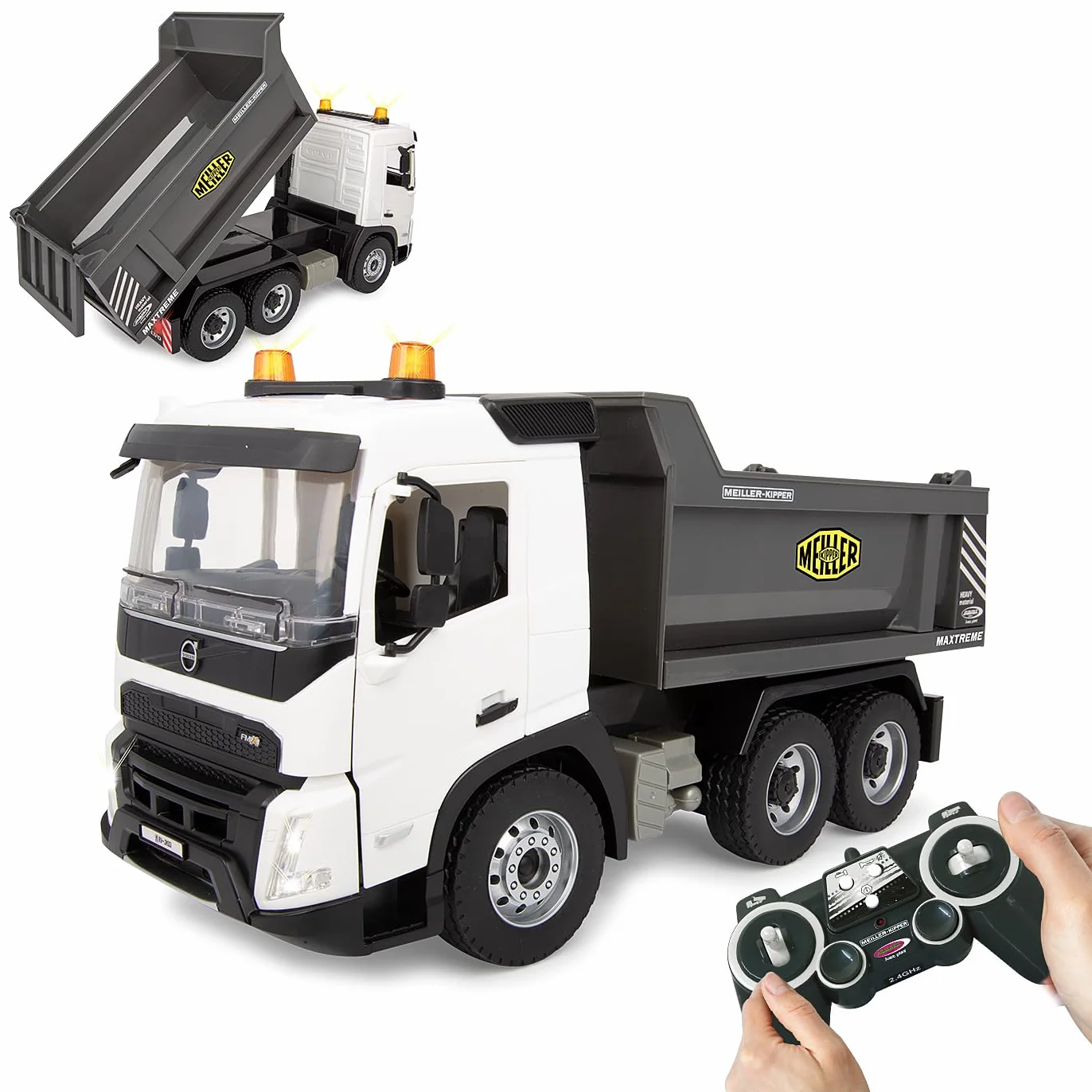 JAMARA Autocarro Volvo FMX Meiller 1:20, 2,4 GHz, con licenza ufficiale, suono di allarme di retromarcia, pneumatici in gomma profilati, luce LED, ribaltabile su/giù, veicolo da costruzione