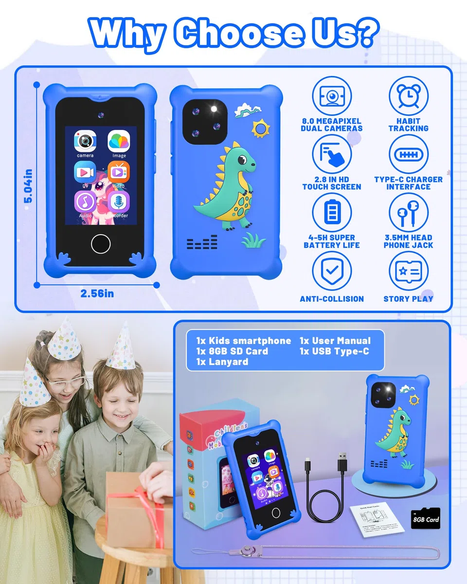 Telefonoelefono Per Bambini, Cellulare per Bambini ,2.4"Smartphone Giocattolo Regalo Giocattoli per Bambina 3 4 5 6 7 8 9 10 anni Compleanno Natale（Blu）