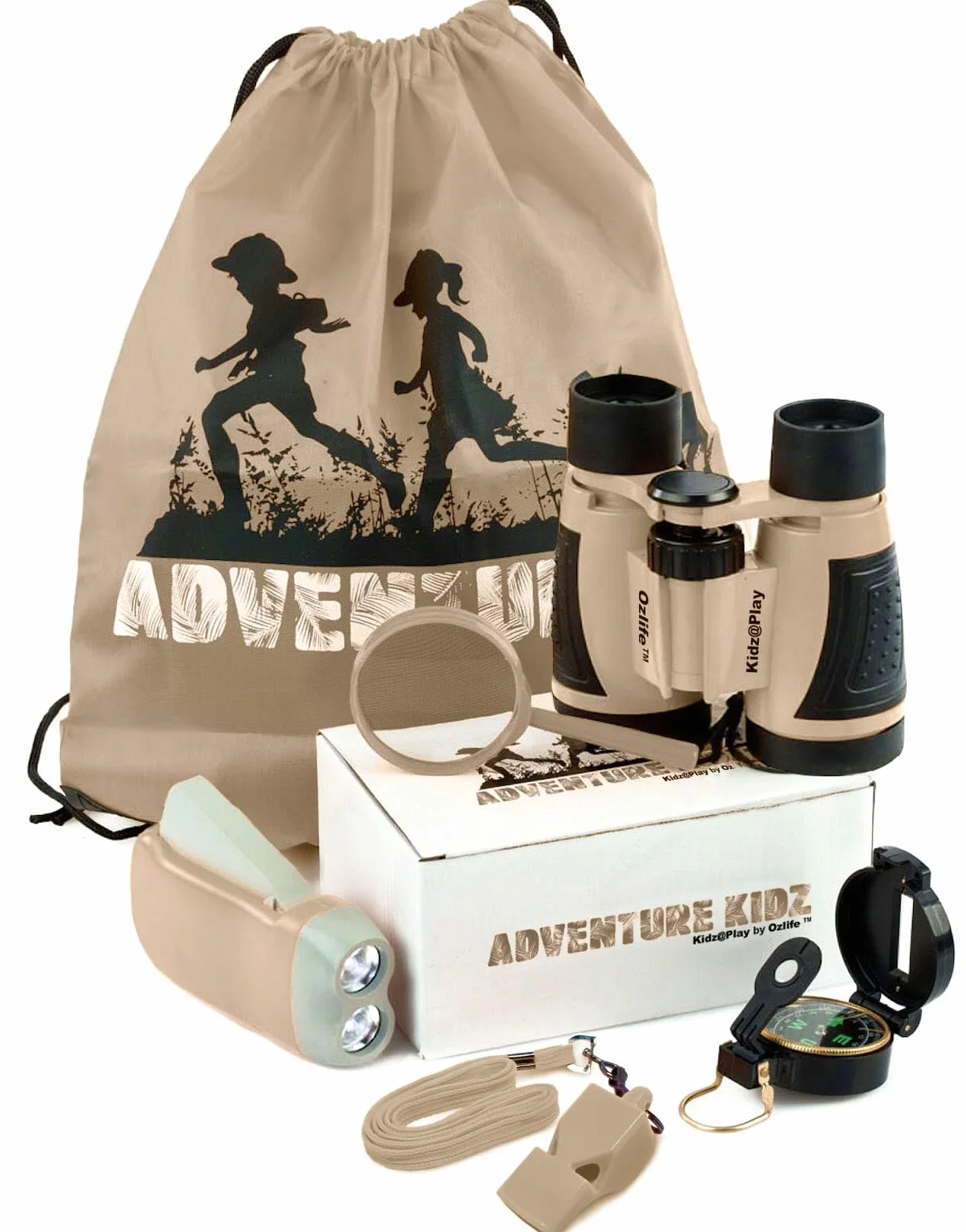 Tan Adventure Kidz - Kit per esplorazione all'aperto, binocolo, torcia, bussola, fischietto di volpe, lente d'ingrandimento, zaino, ottimo set regalo per giochi di simulazione