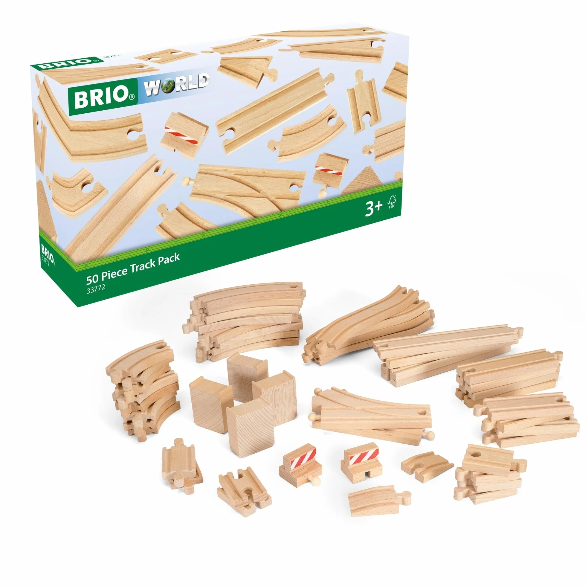 BRIO World 33772 Ampia gamma di 50 pezzi - set di binari per la ferrovia BRIO - giocattoli per bambini consigliati per bambini dai 3 anni in su