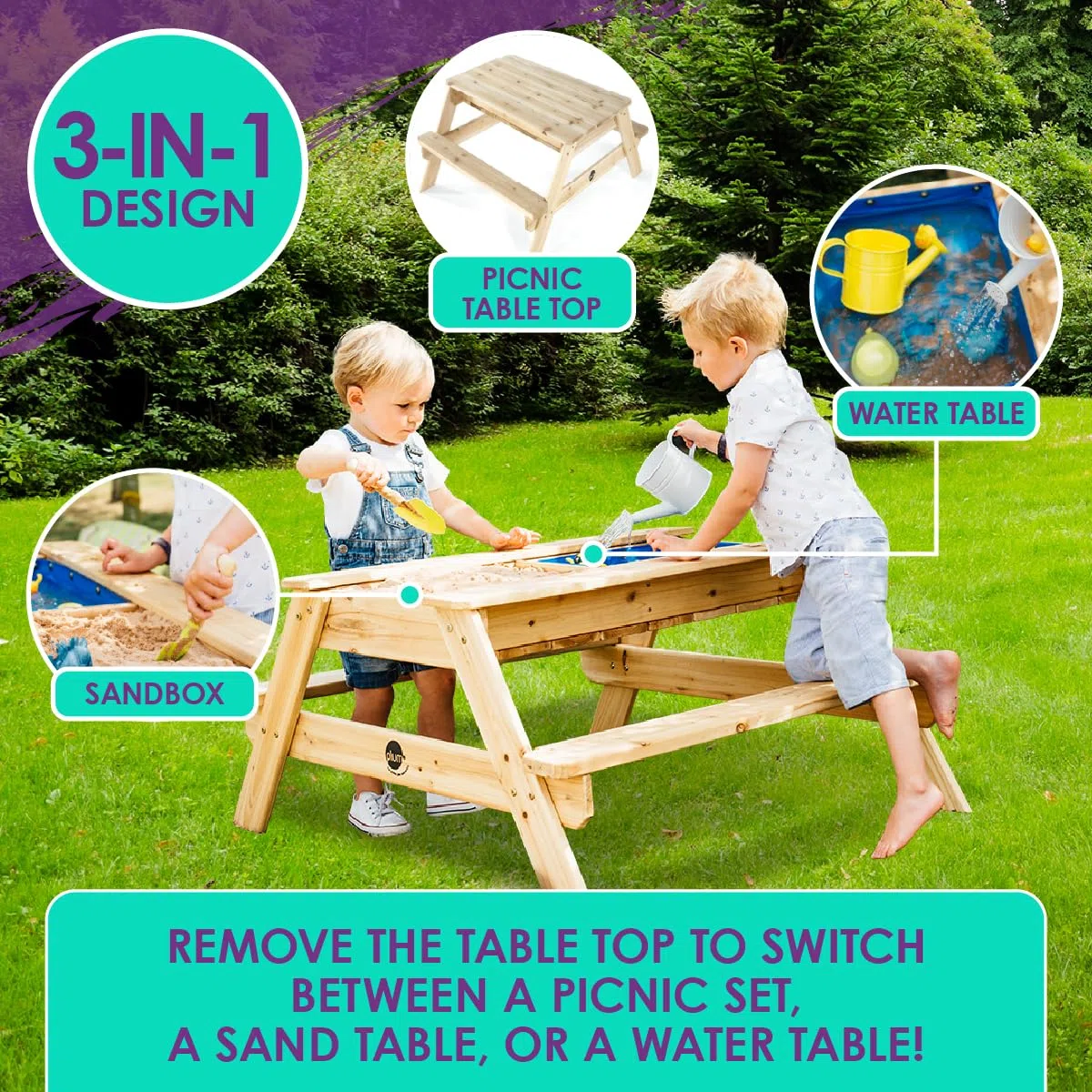 Tavolo da picnic in legno con sabbia e acqua Plum Surfside